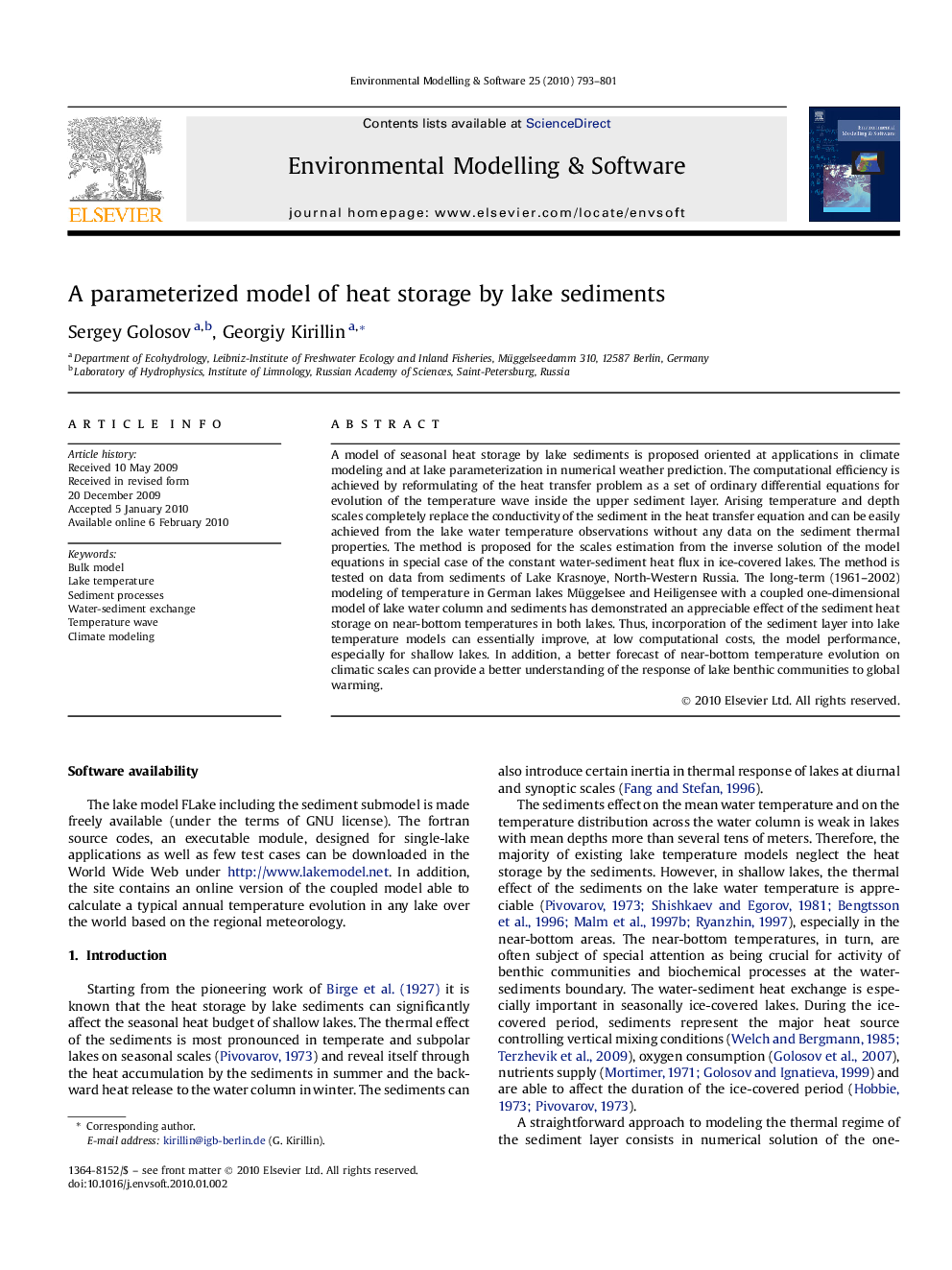 A parameterized model of heat storage by lake sediments