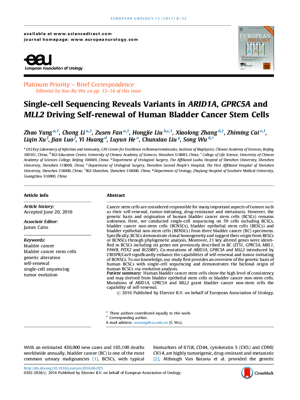 Single-cell Sequencing Reveals Variants in ARID1A, GPRC5A and MLL2 Driving Self-renewal of Human Bladder Cancer Stem Cells