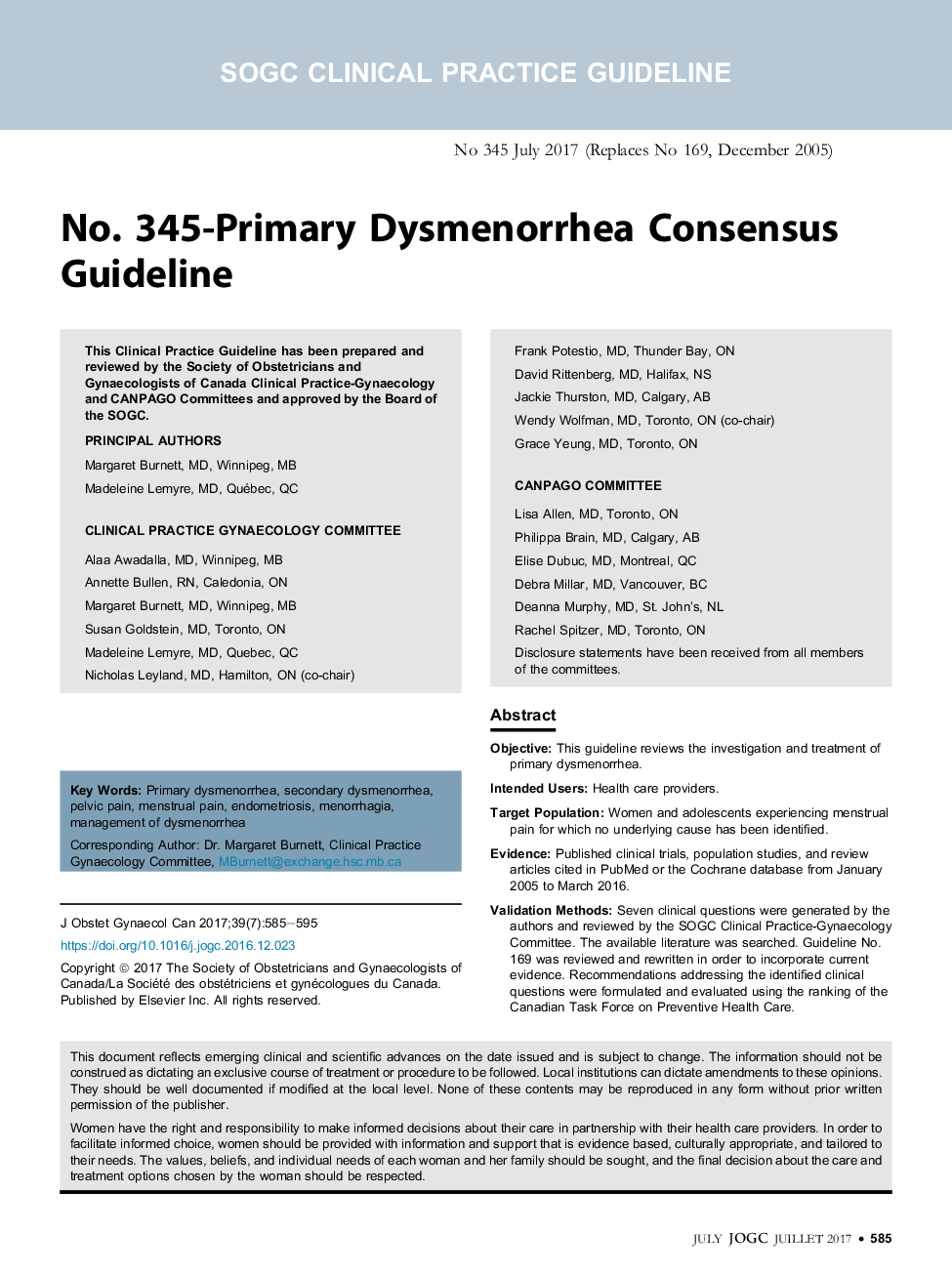 No. 345-Primary Dysmenorrhea Consensus Guideline