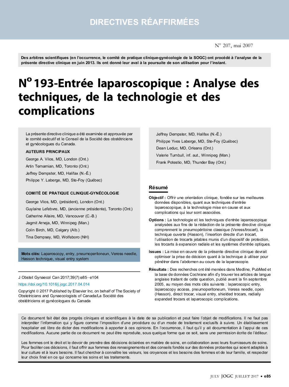 No 193-Entrée laparoscopique : Analyse des techniques, de la technologie et des complications