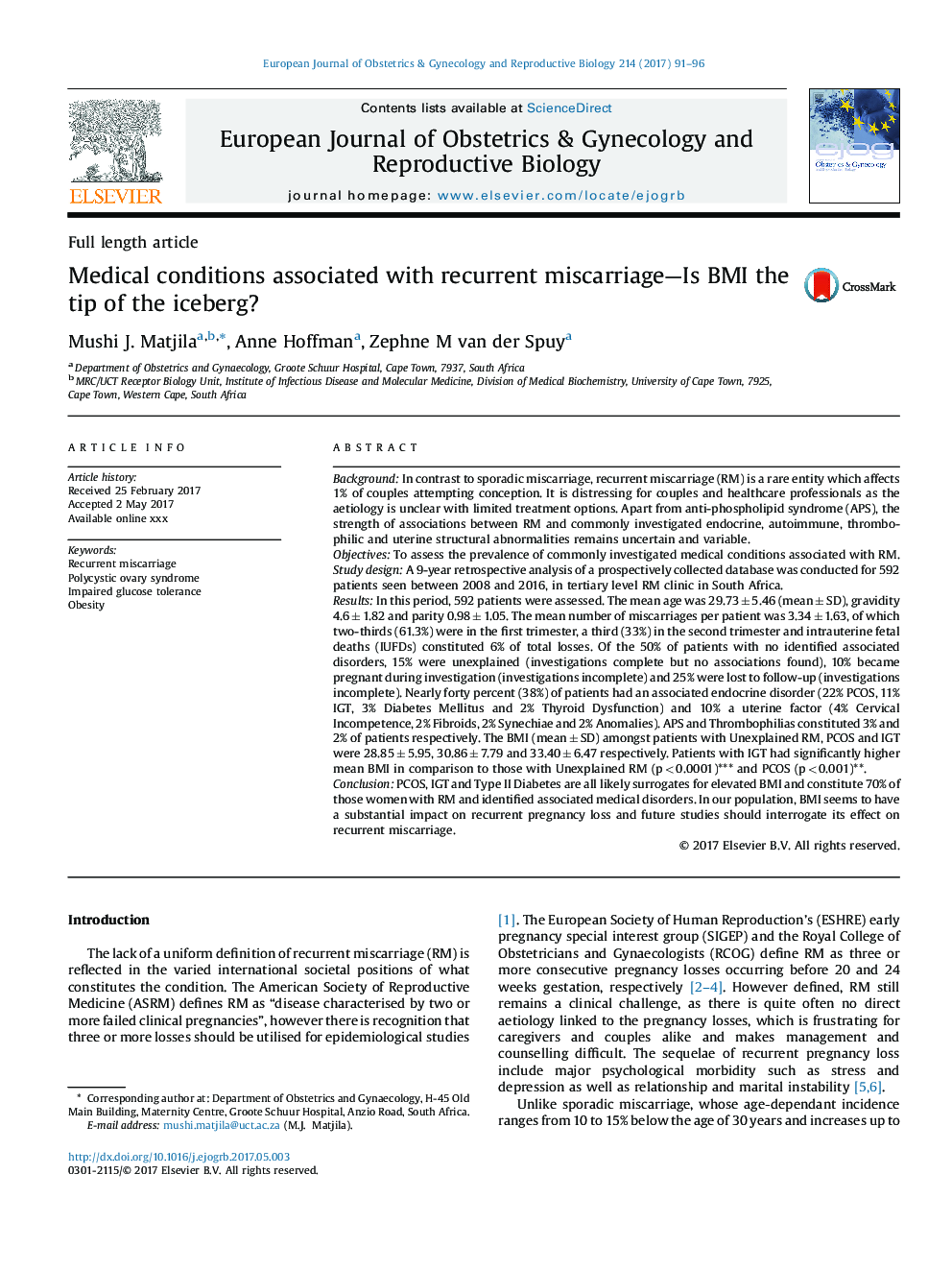 Medical conditions associated with recurrent miscarriage-Is BMI the tip of the iceberg?