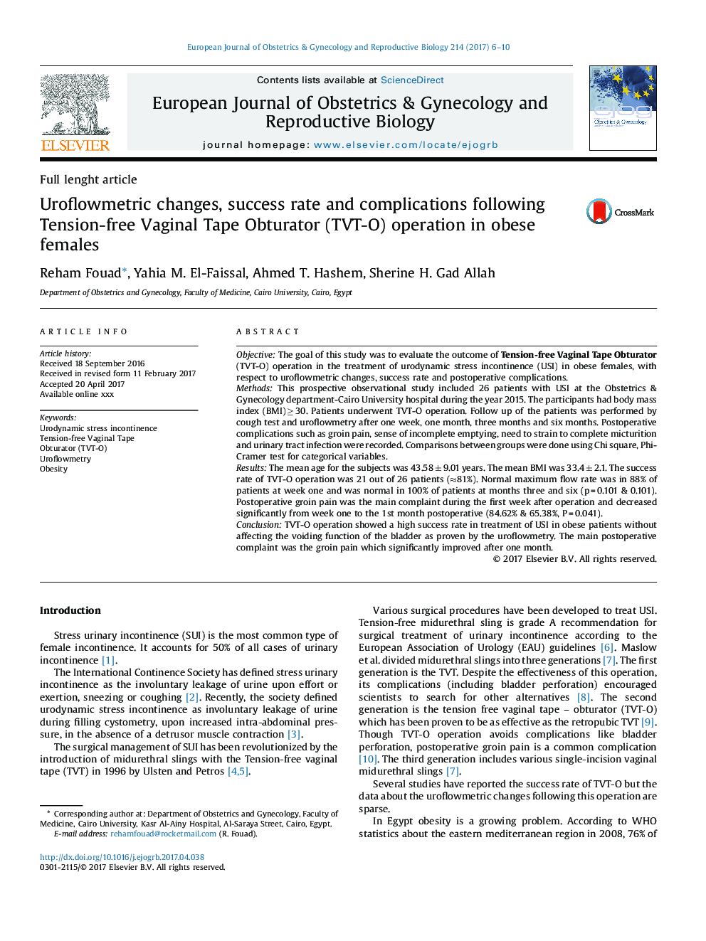 Uroflowmetric changes, success rate and complications following Tension-free Vaginal Tape Obturator (TVT-O) operation in obese females