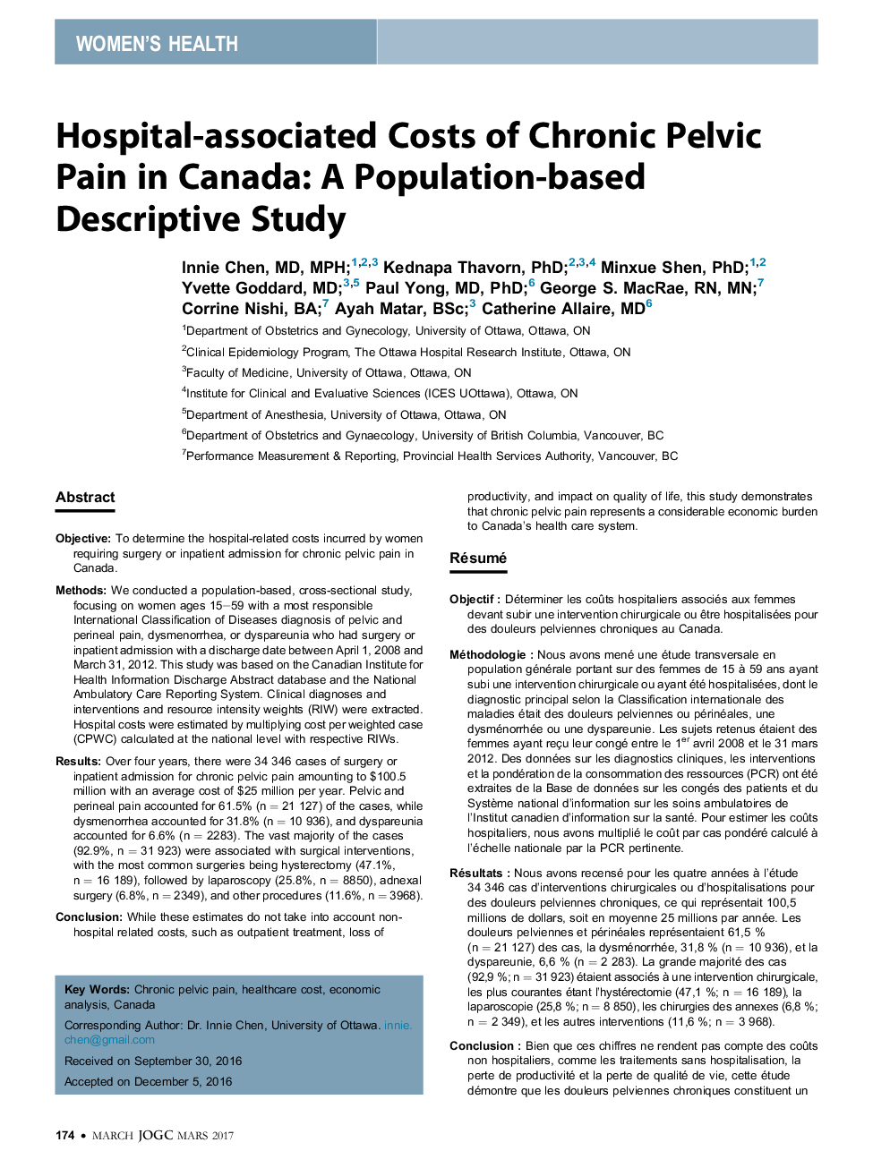 Hospital-associated Costs of Chronic Pelvic Pain in Canada: A Population-based Descriptive Study