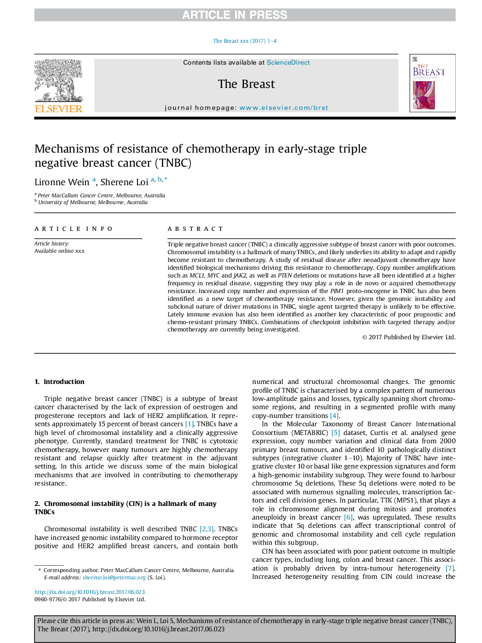 Mechanisms of resistance of chemotherapy in early-stage triple negative breast cancer (TNBC)