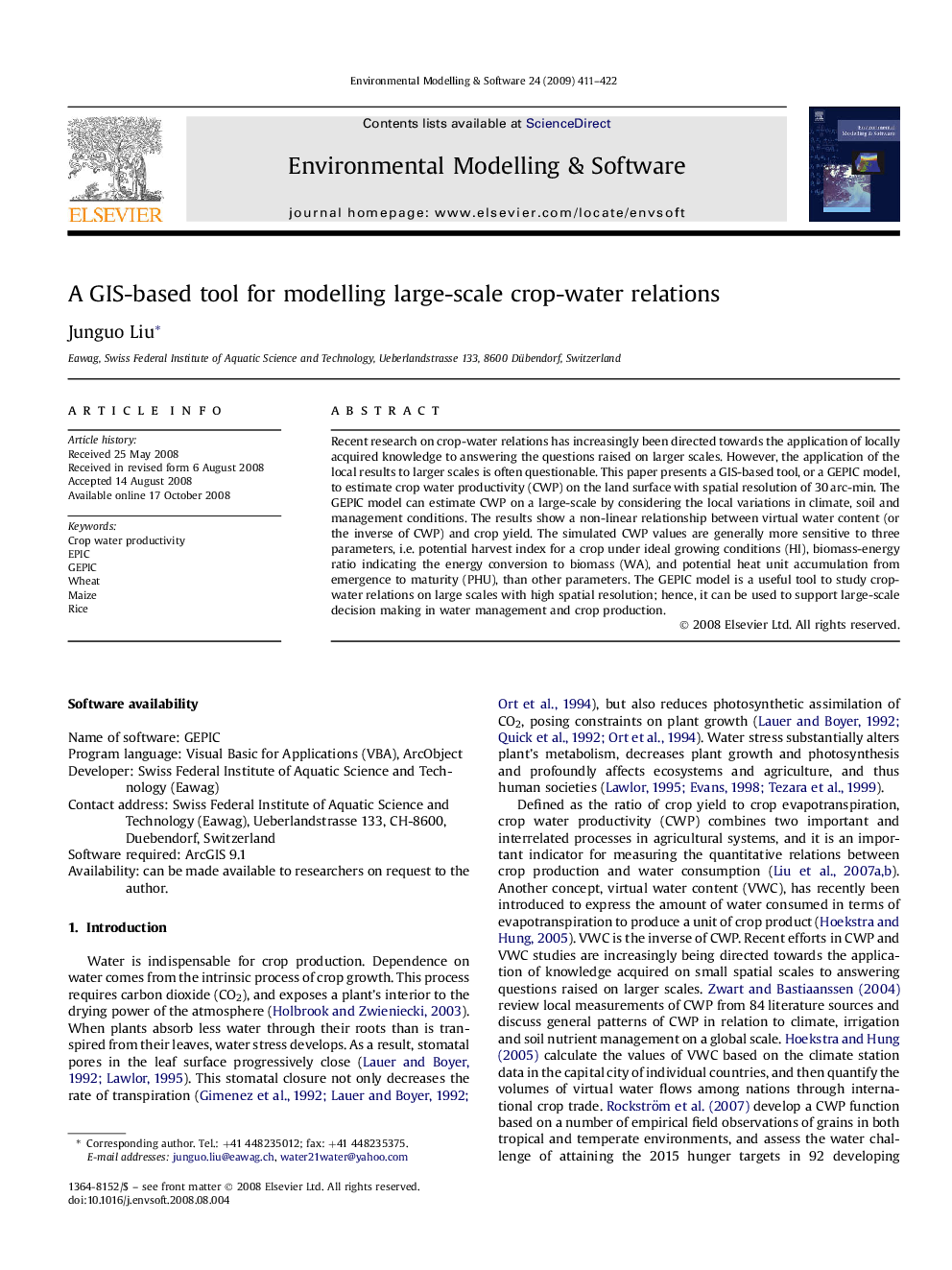 A GIS-based tool for modelling large-scale crop-water relations