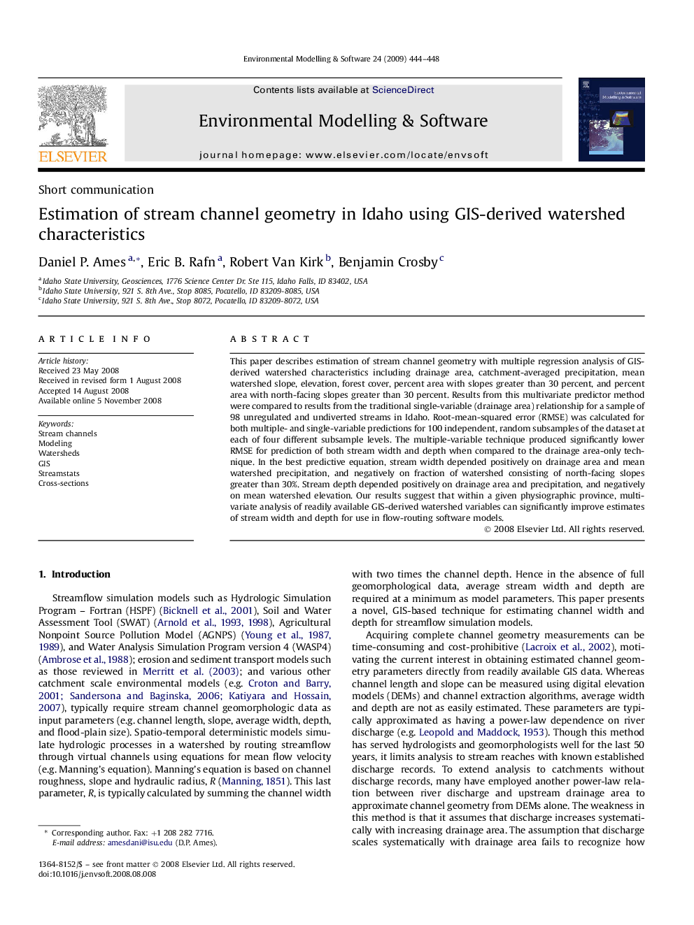 Estimation of stream channel geometry in Idaho using GIS-derived watershed characteristics