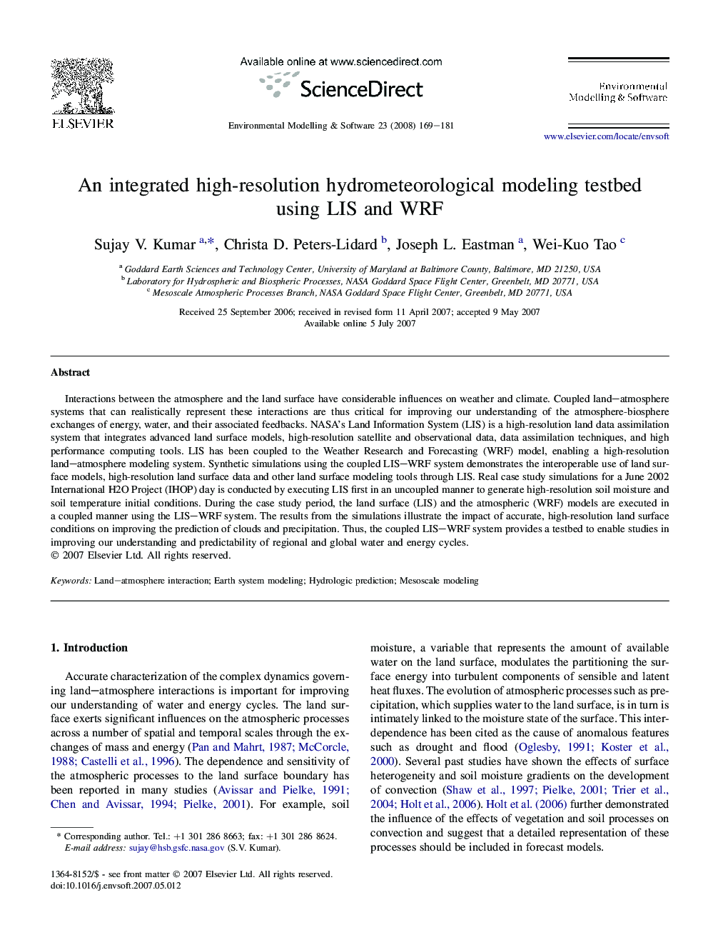 An integrated high-resolution hydrometeorological modeling testbed using LIS and WRF