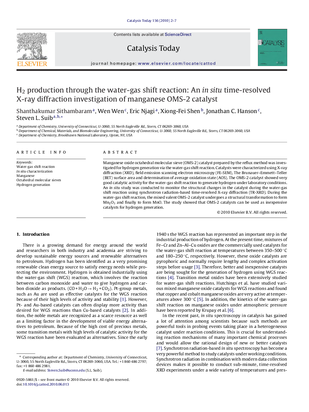 H2 production through the water-gas shift reaction: An in situ time-resolved X-ray diffraction investigation of manganese OMS-2 catalyst