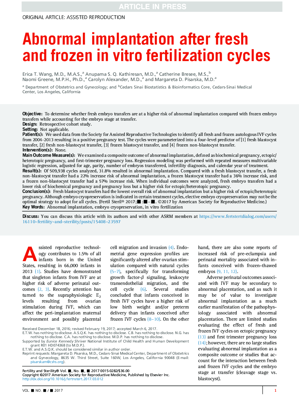 Abnormal implantation after fresh and frozen inÂ vitro fertilization cycles