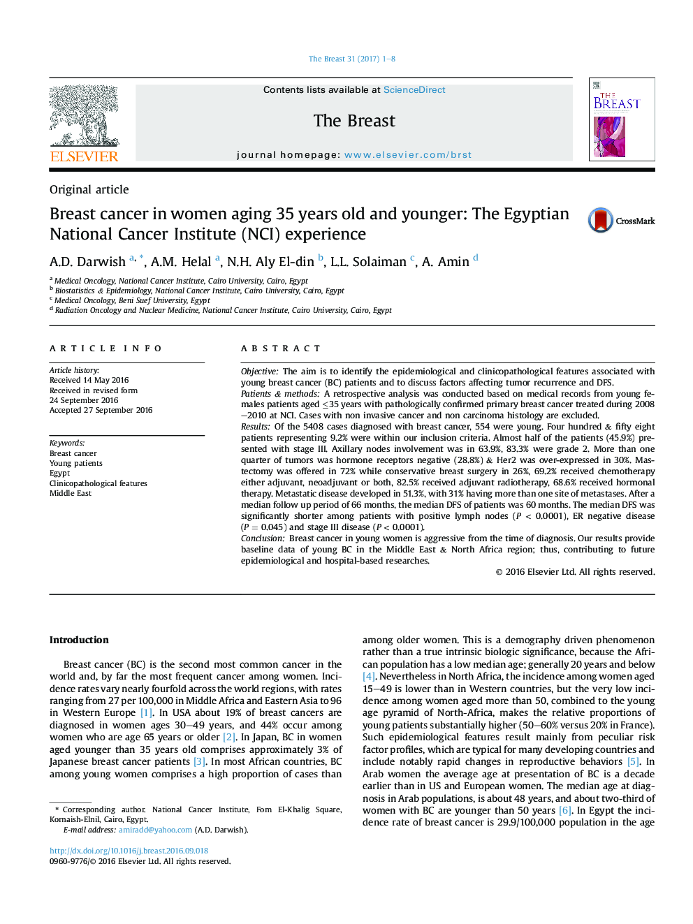 Breast cancer in women aging 35 years old and younger: The Egyptian National Cancer Institute (NCI) experience