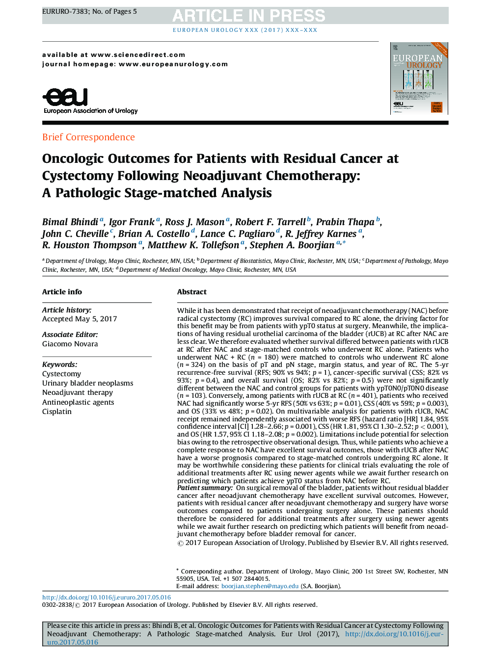 Oncologic Outcomes for Patients with Residual Cancer at Cystectomy Following Neoadjuvant Chemotherapy: A Pathologic Stage-matched Analysis