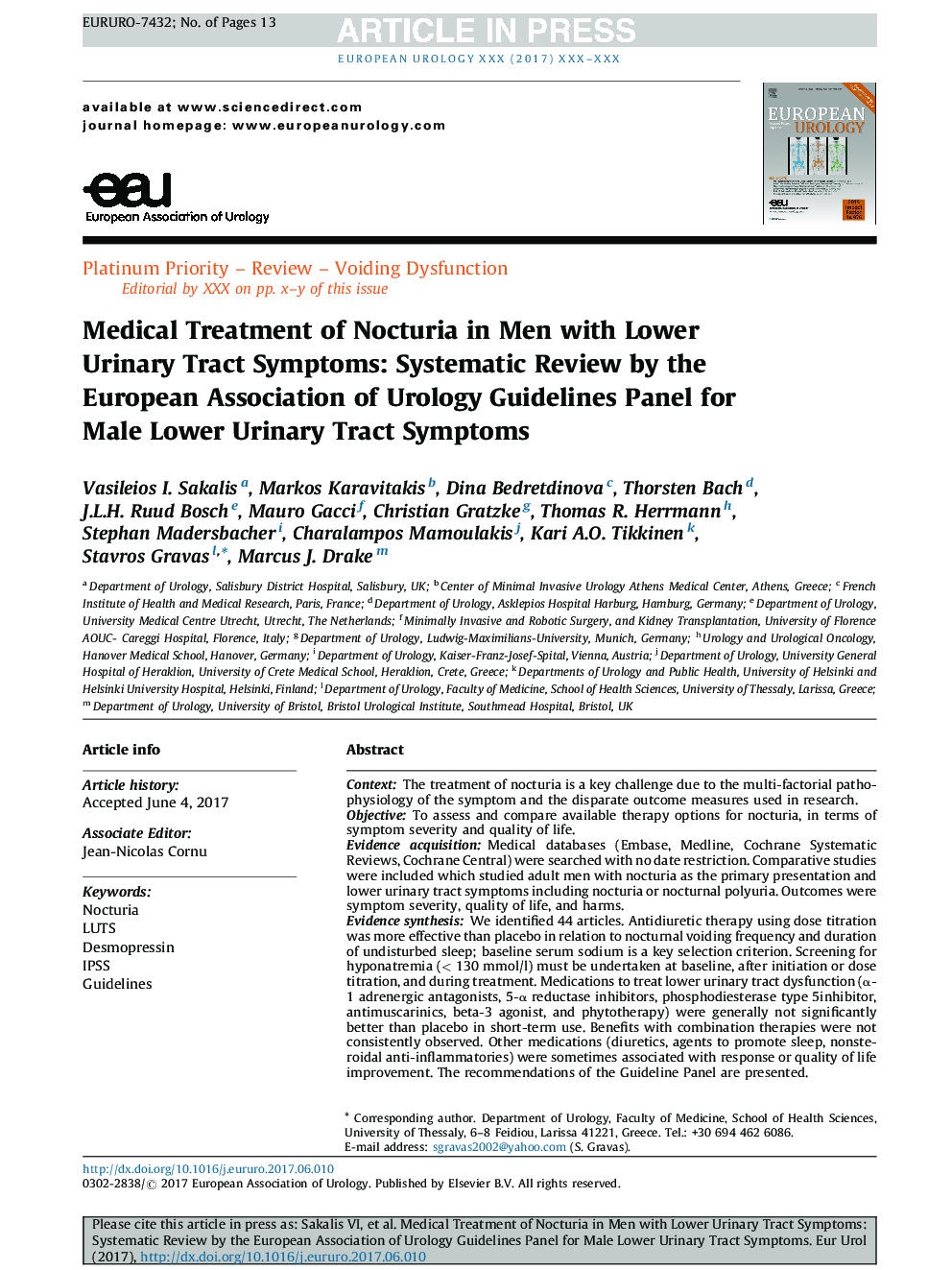Medical Treatment of Nocturia in Men with Lower Urinary Tract Symptoms: Systematic Review by the European Association of Urology Guidelines Panel for Male Lower Urinary Tract Symptoms
