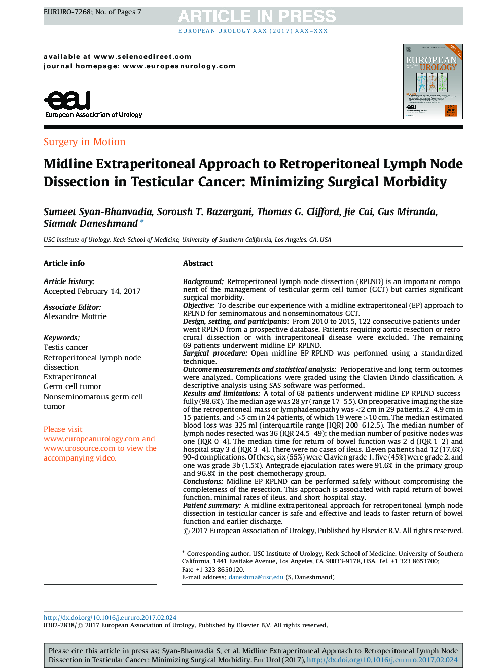 Midline Extraperitoneal Approach to Retroperitoneal Lymph Node Dissection in Testicular Cancer: Minimizing Surgical Morbidity