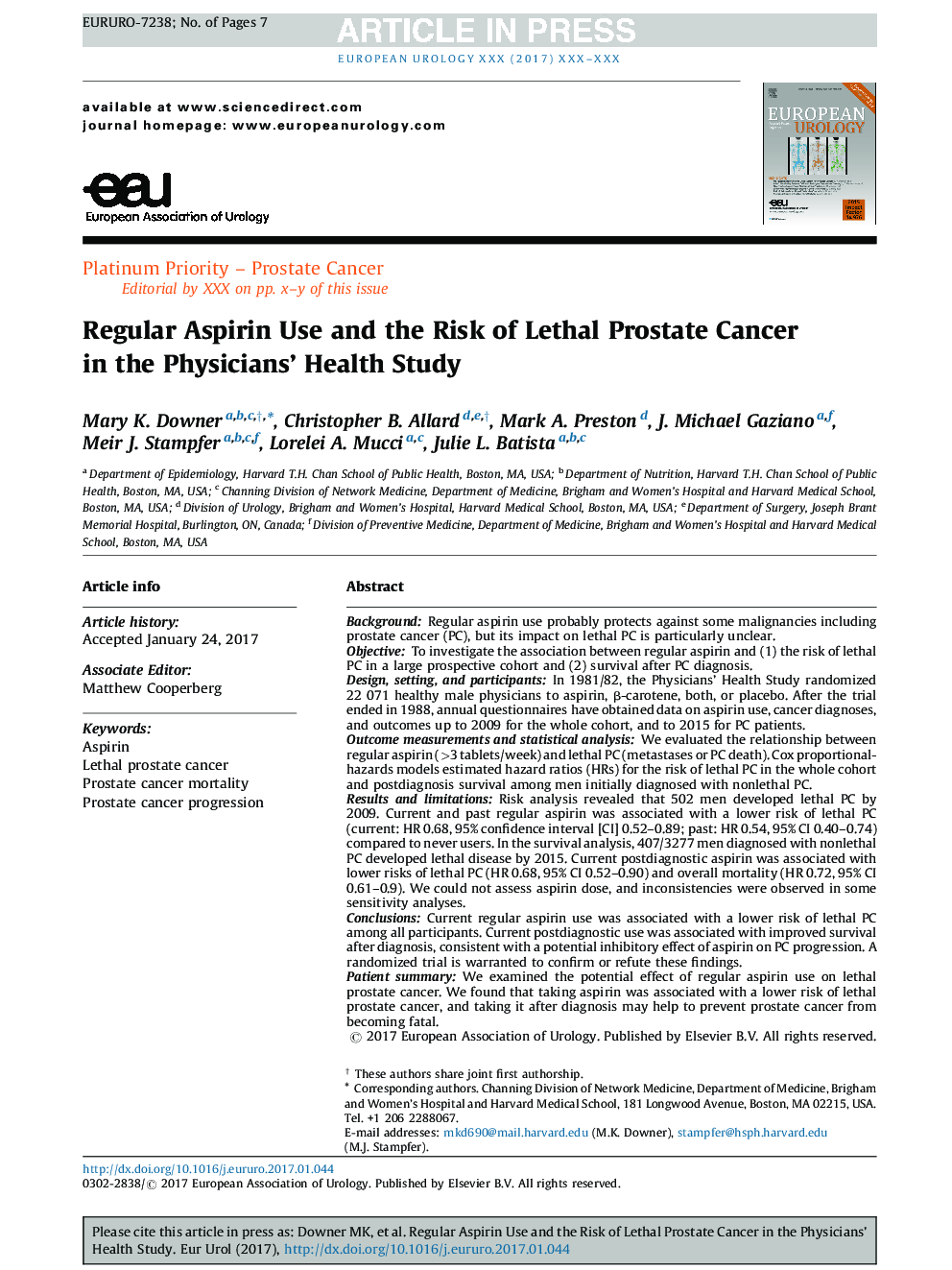 Regular Aspirin Use and the Risk of Lethal Prostate Cancer in the Physicians' Health Study