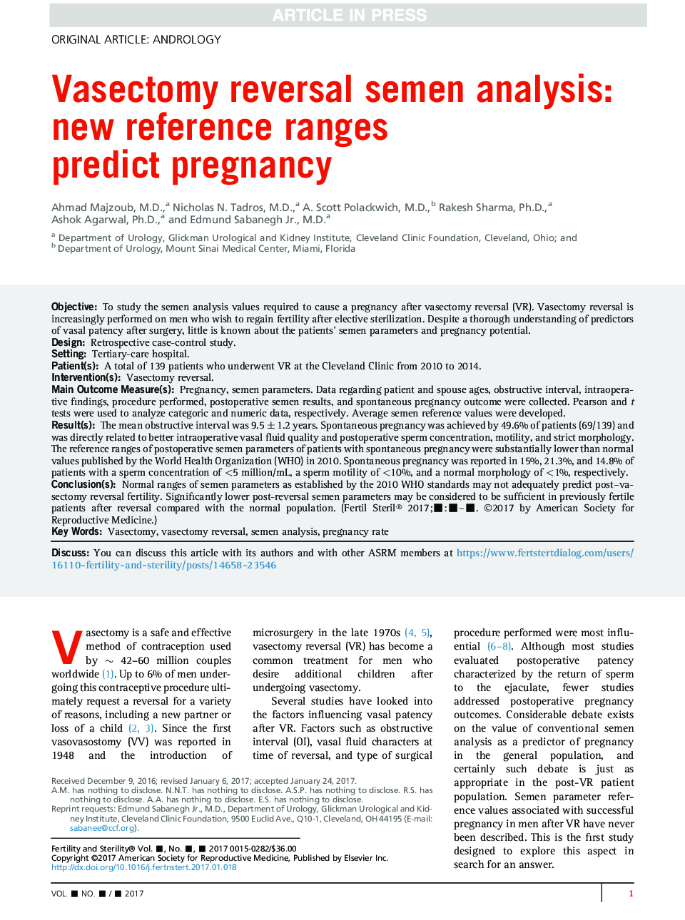 تجزیه و تحلیل مایع منی وازکتومی: محدوده های مرجع جدید پیش بینی حاملگی 