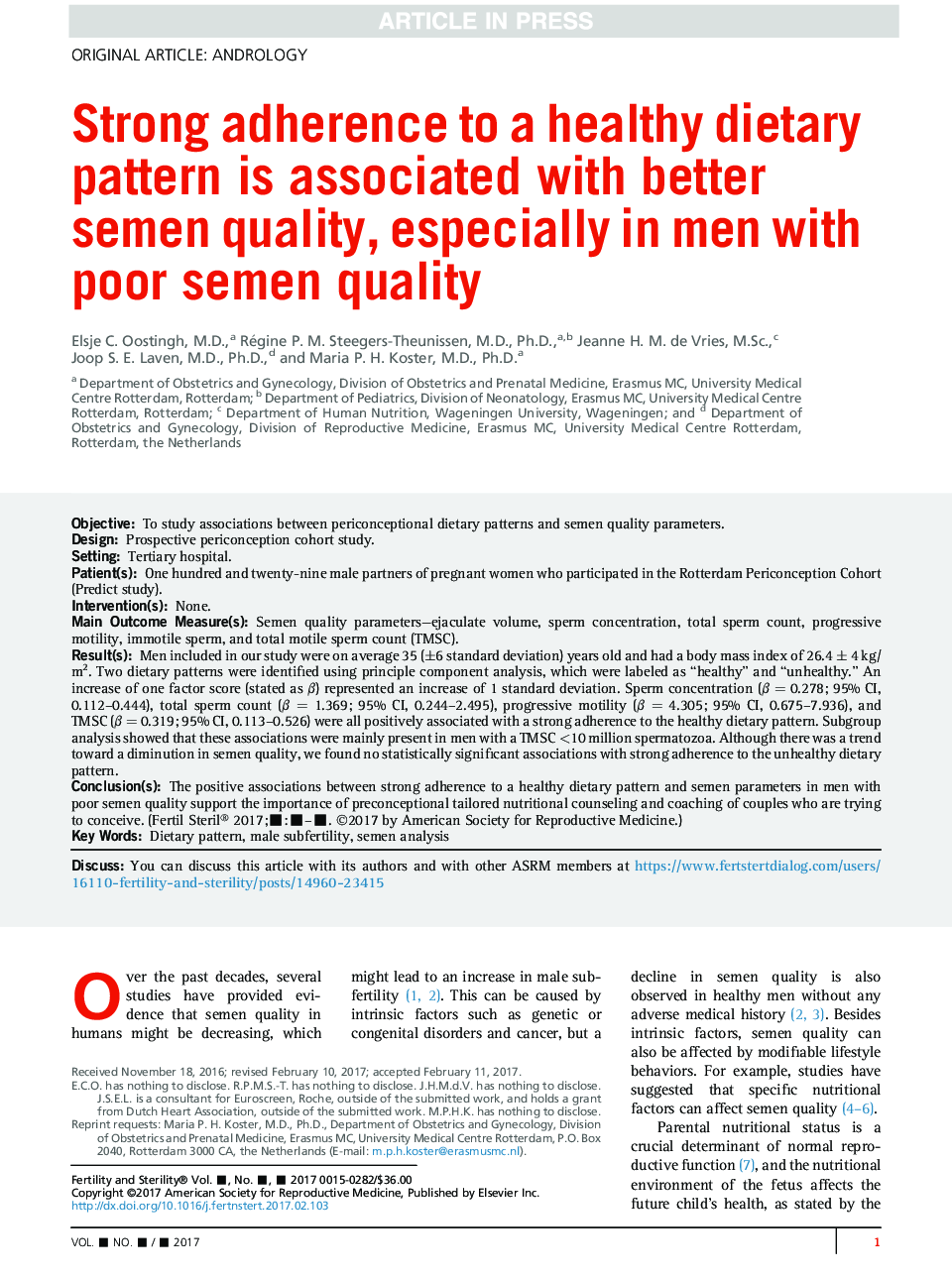 Strong adherence to a healthy dietary pattern is associated with better semen quality, especially in men with poor semen quality