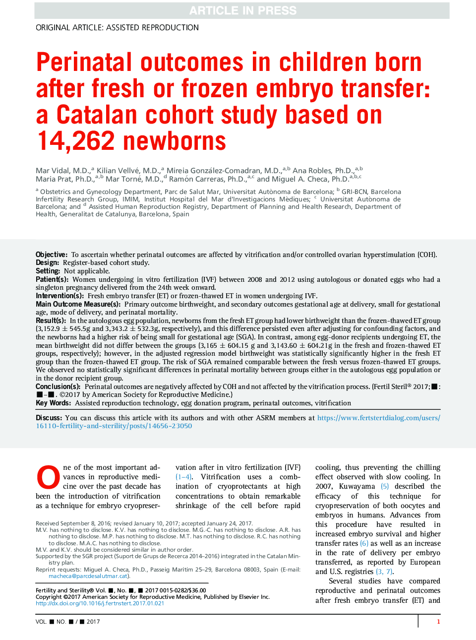 Perinatal outcomes in children born after fresh or frozen embryo transfer: a Catalan cohort study based on 14,262 newborns