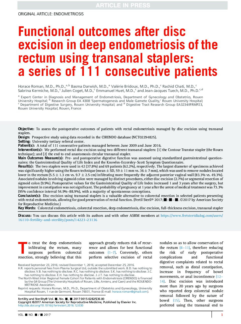 Functional outcomes after disc excision in deep endometriosis of the rectum using transanal staplers: aÂ series of 111 consecutive patients