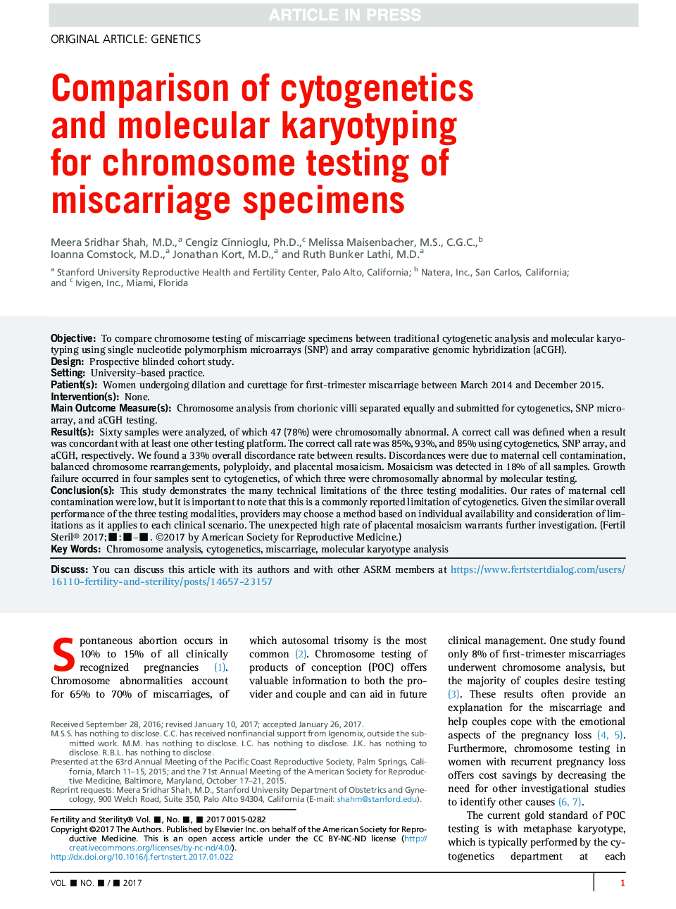 Comparison of cytogenetics andÂ molecular karyotyping forÂ chromosome testing of miscarriage specimens