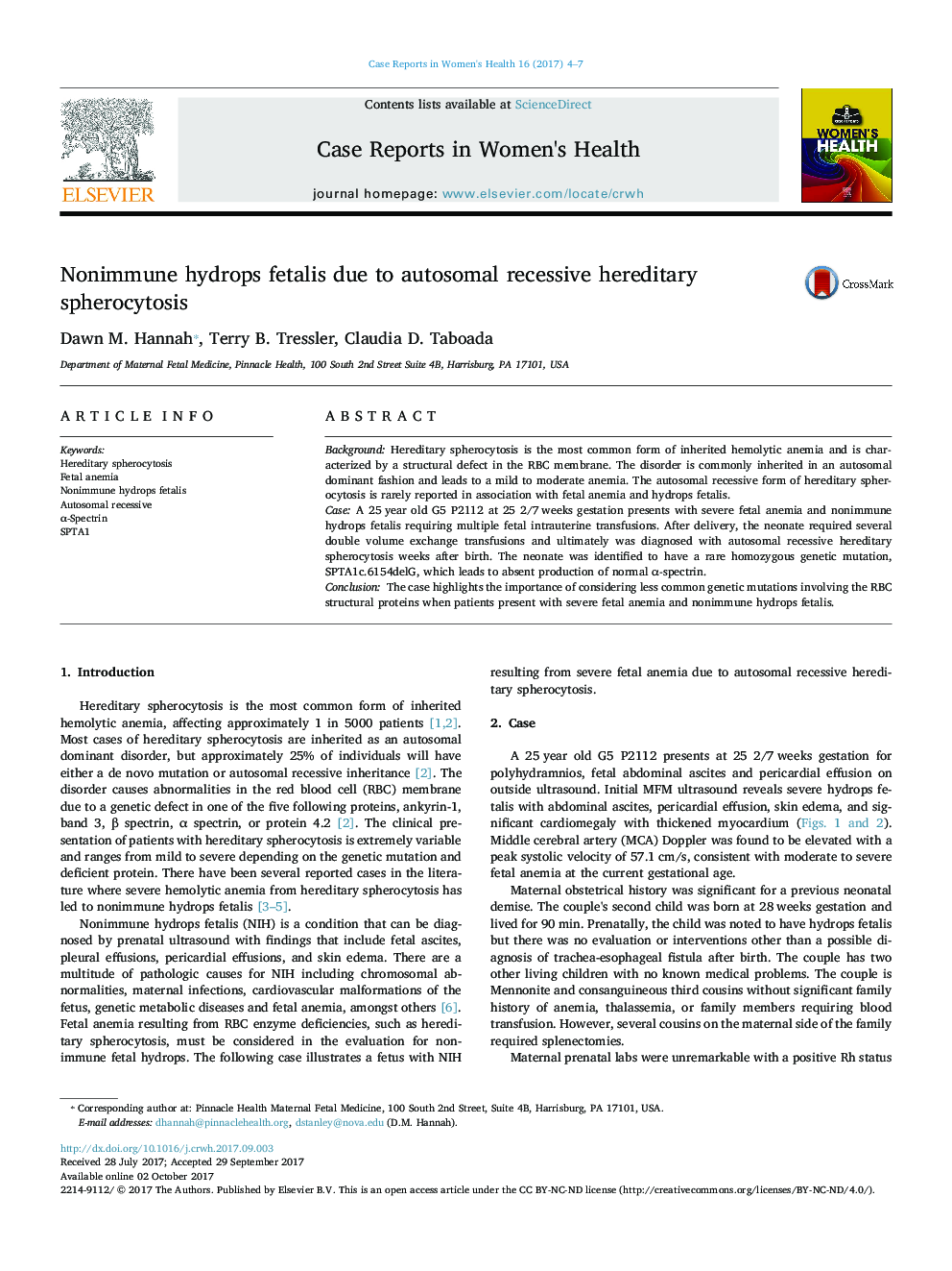 Nonimmune hydrops fetalis due to autosomal recessive hereditary spherocytosis