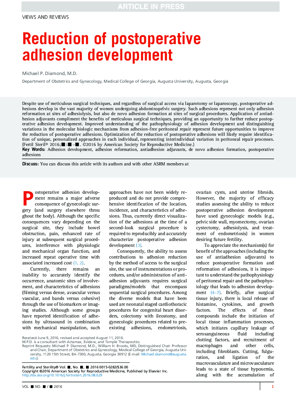 Reduction of postoperative adhesion development