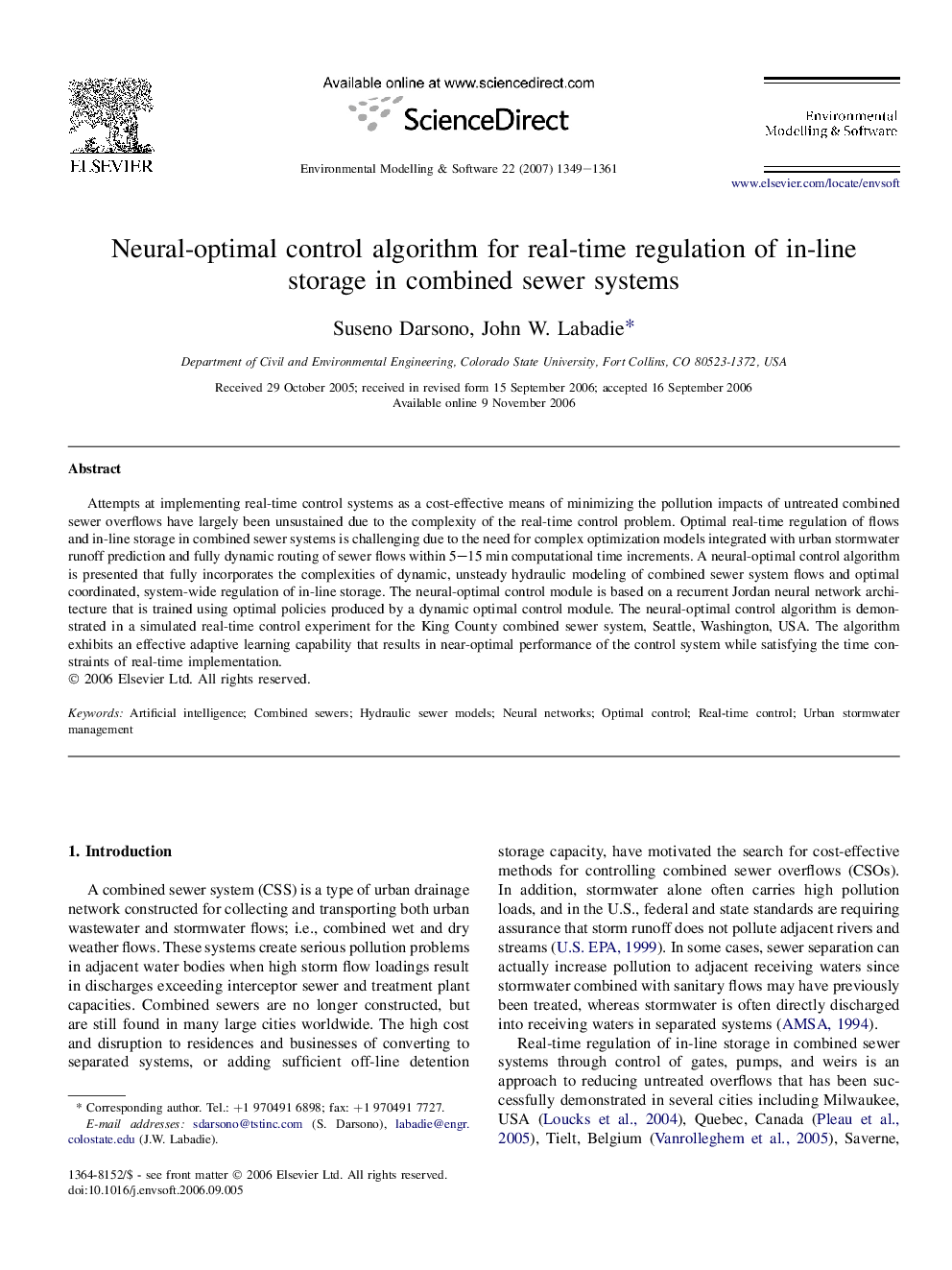 Neural-optimal control algorithm for real-time regulation of in-line storage in combined sewer systems