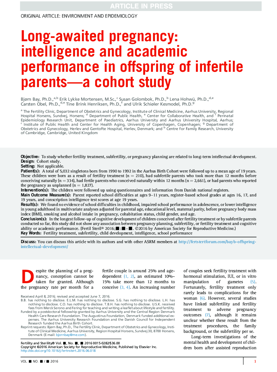 Long-awaited pregnancy: intelligence and academic performance in offspring of infertile parents-a cohort study