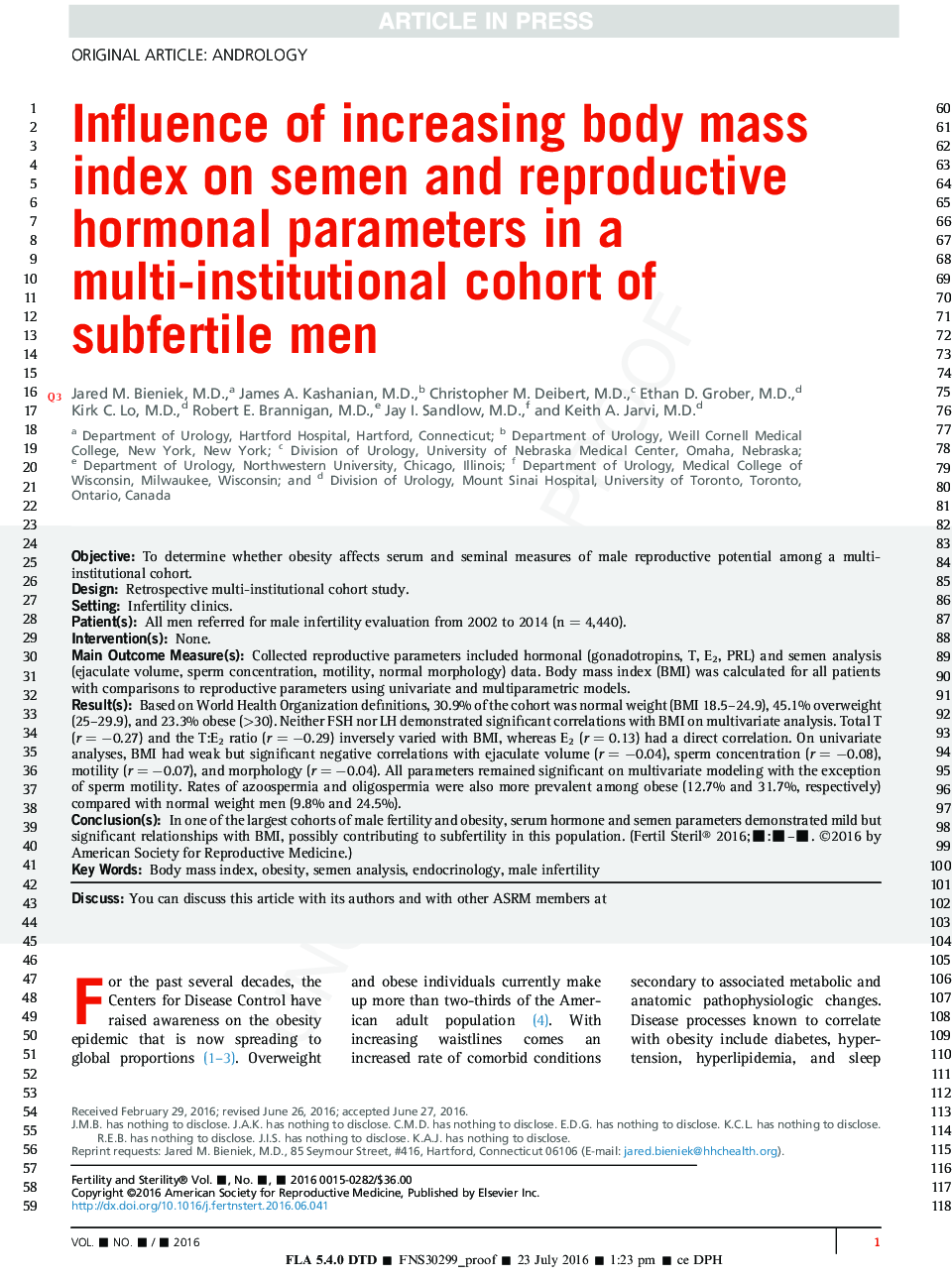 تأثیر افزایش شاخص توده بدنی بر پارامترهای هورمونی اسپرم و تولید مثل در یک گروه چند نفره مردان نابارور 