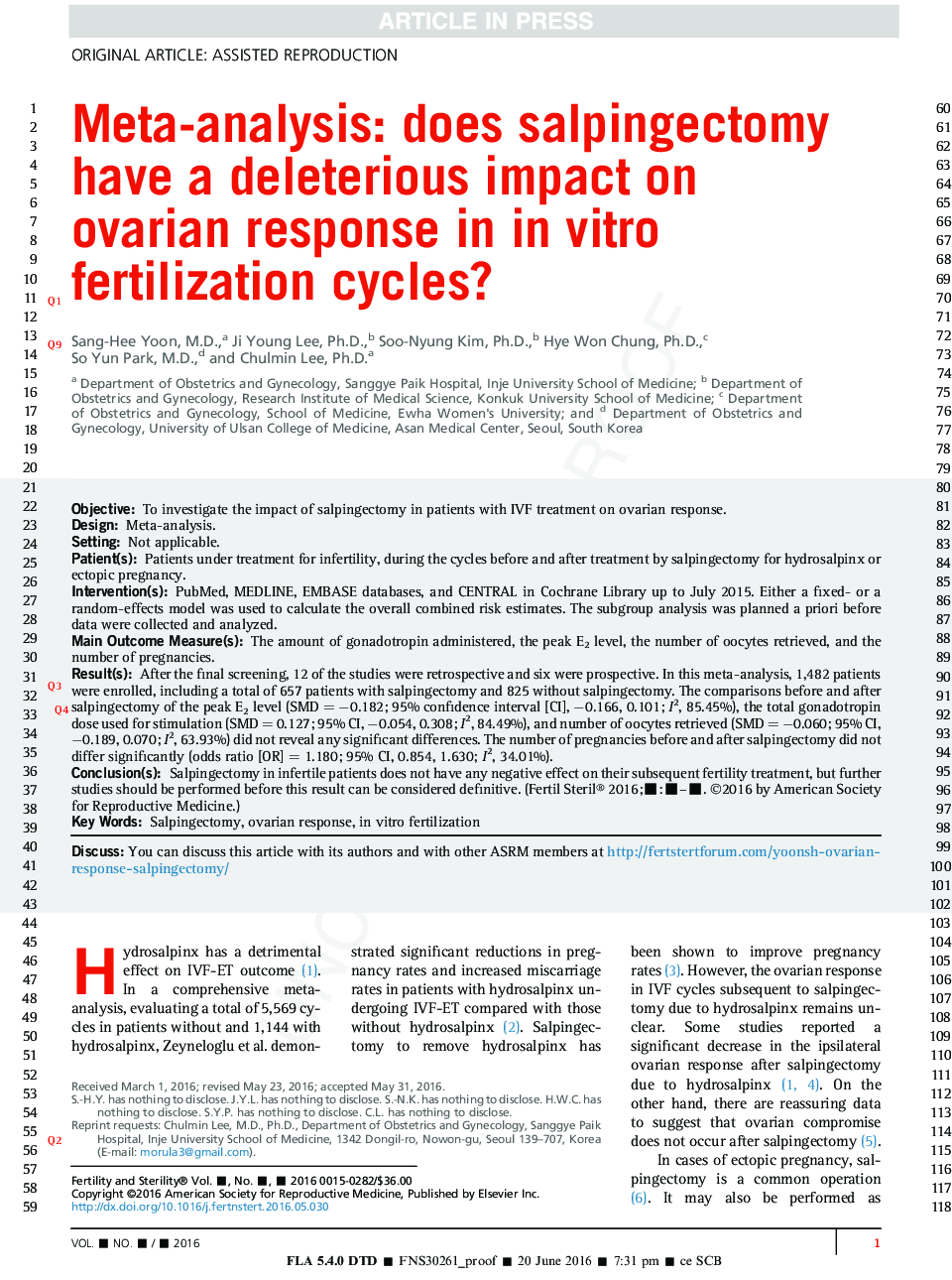 Does salpingectomy have a deleterious impact on ovarianÂ response in inÂ vitro fertilization cycles?