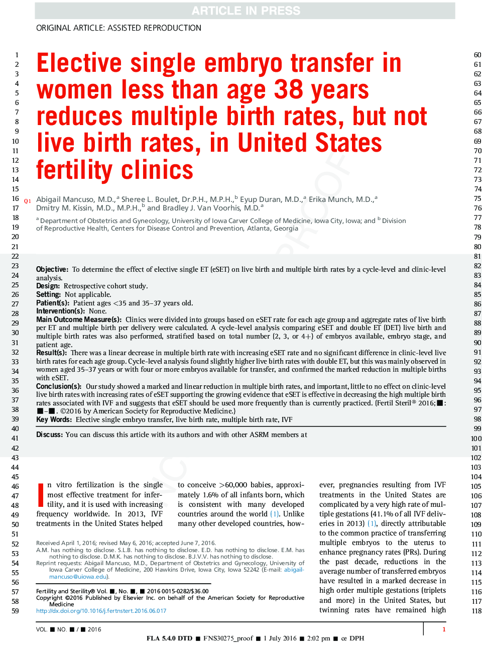 Elective single embryo transfer in women less than age 38Â years reduces multiple birth rates, but not live birth rates, in United States fertility clinics