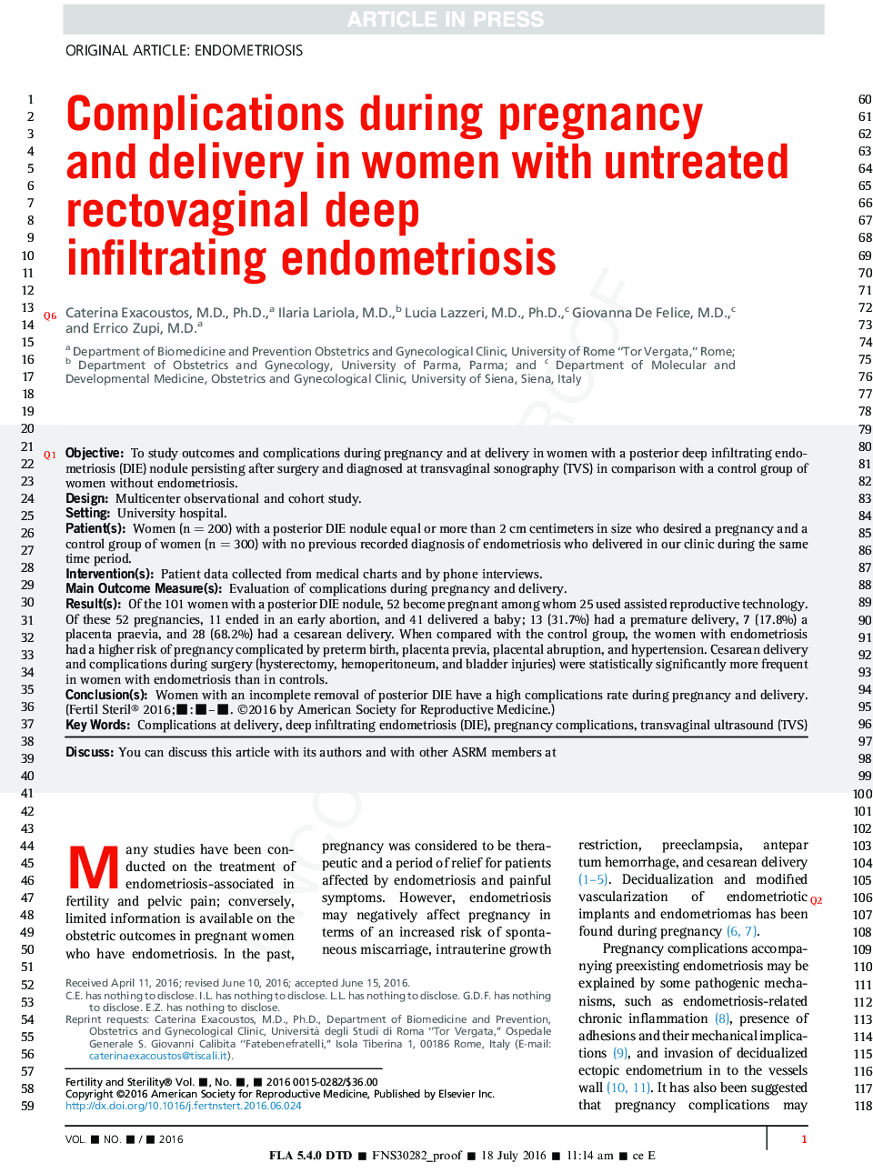 Complications during pregnancy and delivery in women with untreated rectovaginal deep infiltrating endometriosis