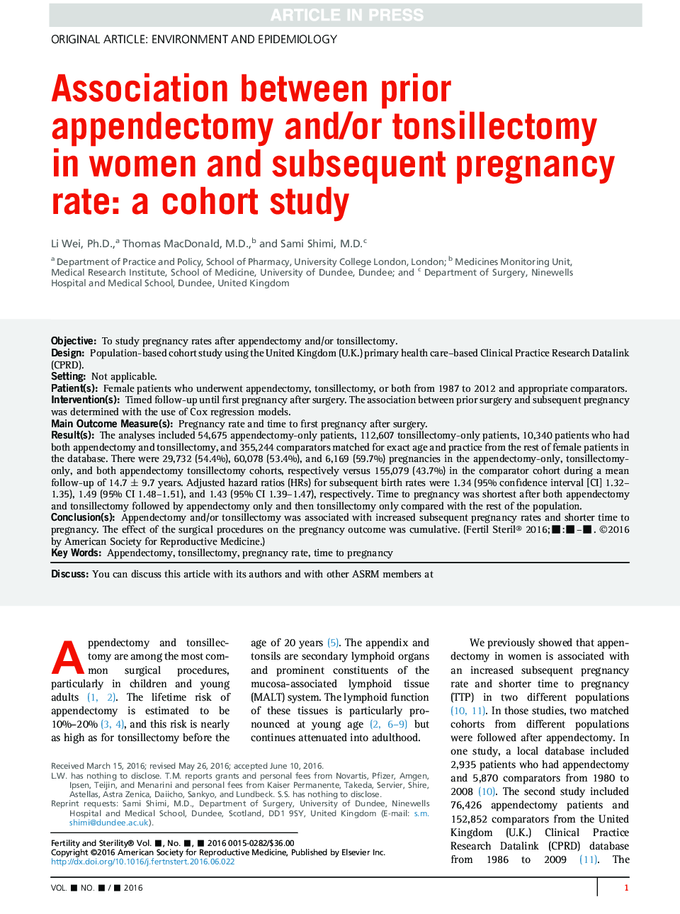 ارتباط بین آپاندکتومی قبل و / یا تنسیلکتومی در زنان و میزان بارداری پس از آن: یک مطالعه کوهورت 