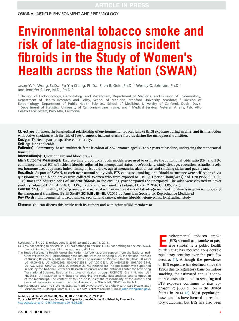 Environmental tobacco smoke and risk of late-diagnosis incident fibroids in the Study of Women's Health across the Nation (SWAN)