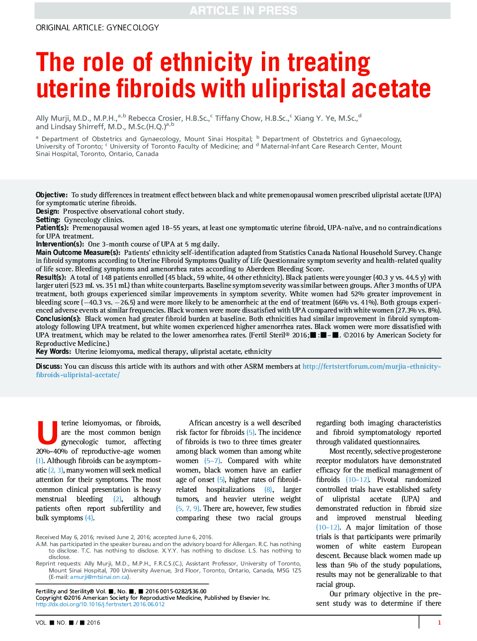 Role of ethnicity in treating uterine fibroids with ulipristal acetate