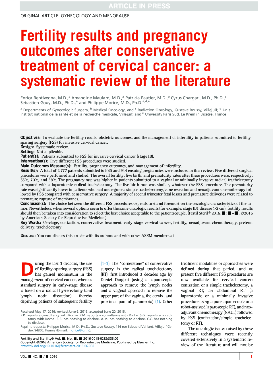 Fertility results and pregnancy outcomes after conservative treatment of cervical cancer: a systematic review of the literature