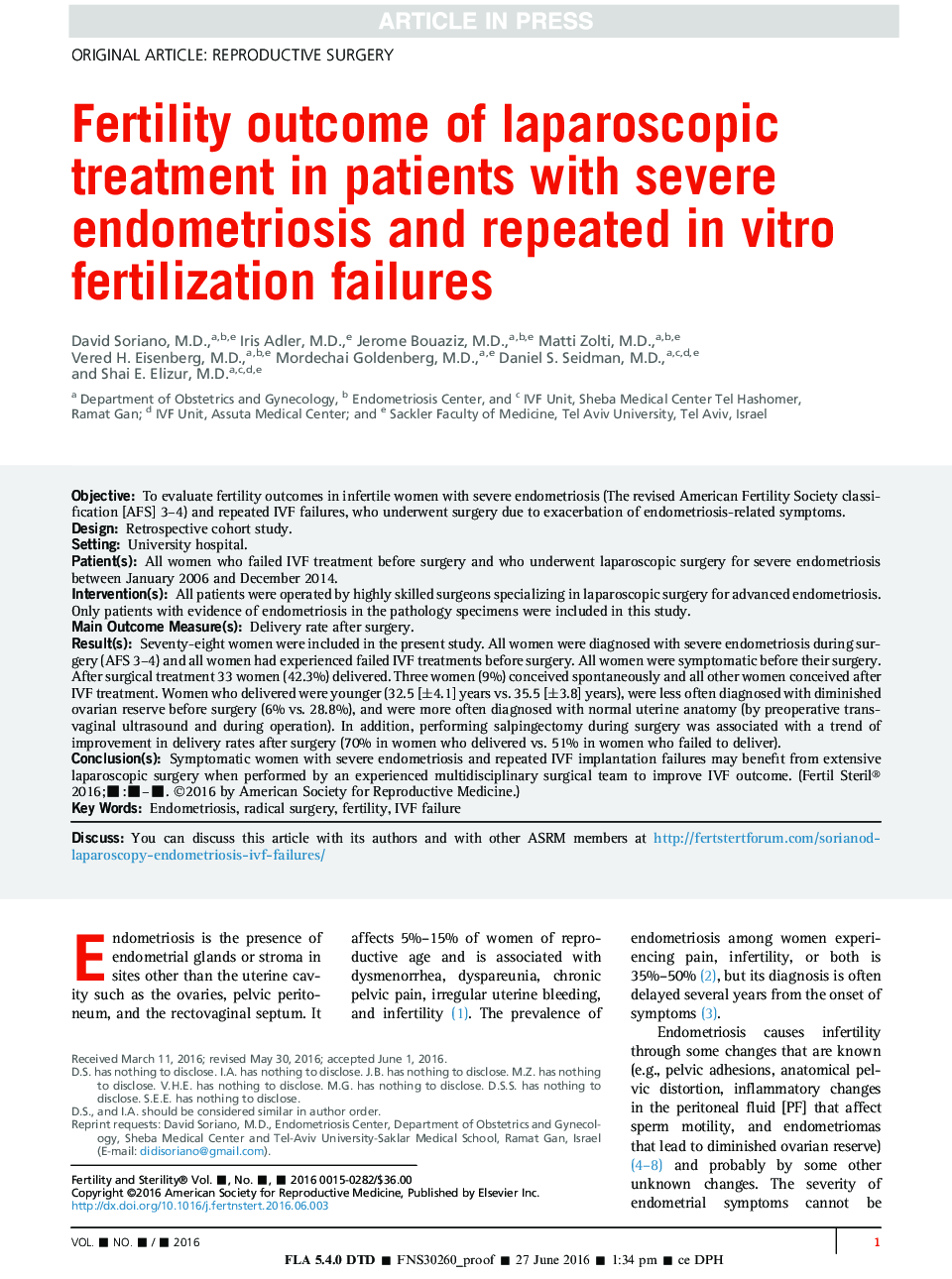 Fertility outcome of laparoscopic treatment in patients with severe endometriosis and repeated inÂ vitro fertilization failures