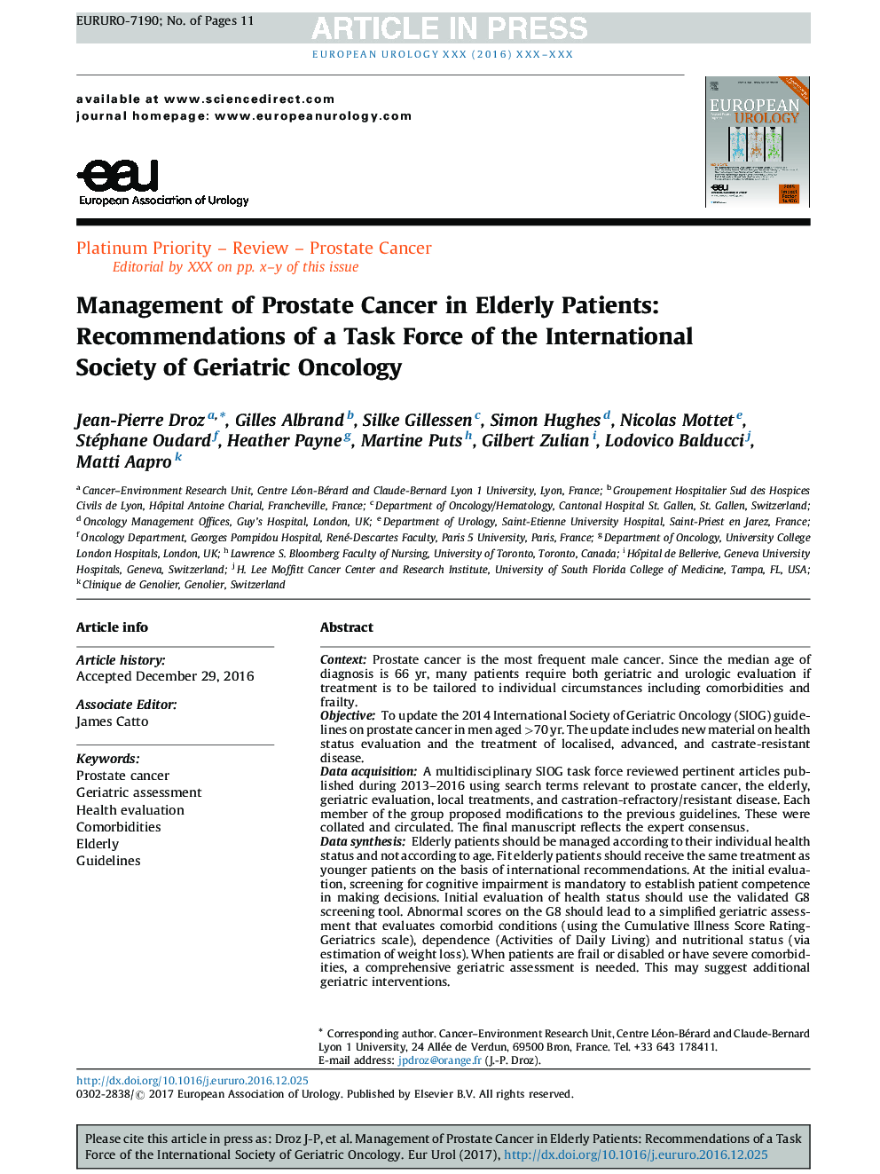 Management of Prostate Cancer in Elderly Patients: Recommendations of a Task Force of the International Society of Geriatric Oncology