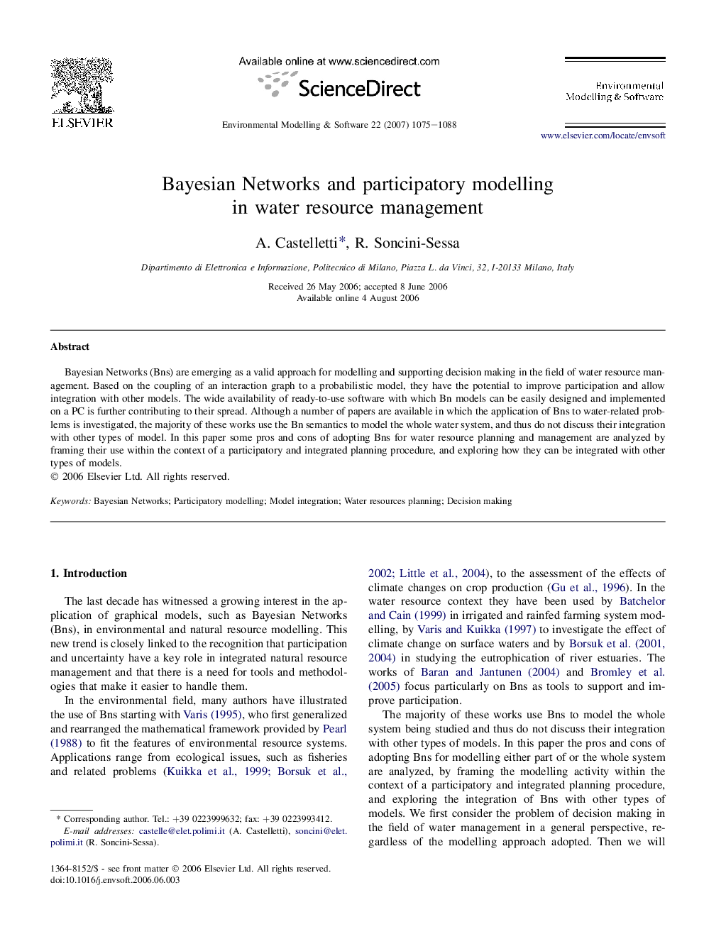 Bayesian Networks and participatory modelling in water resource management