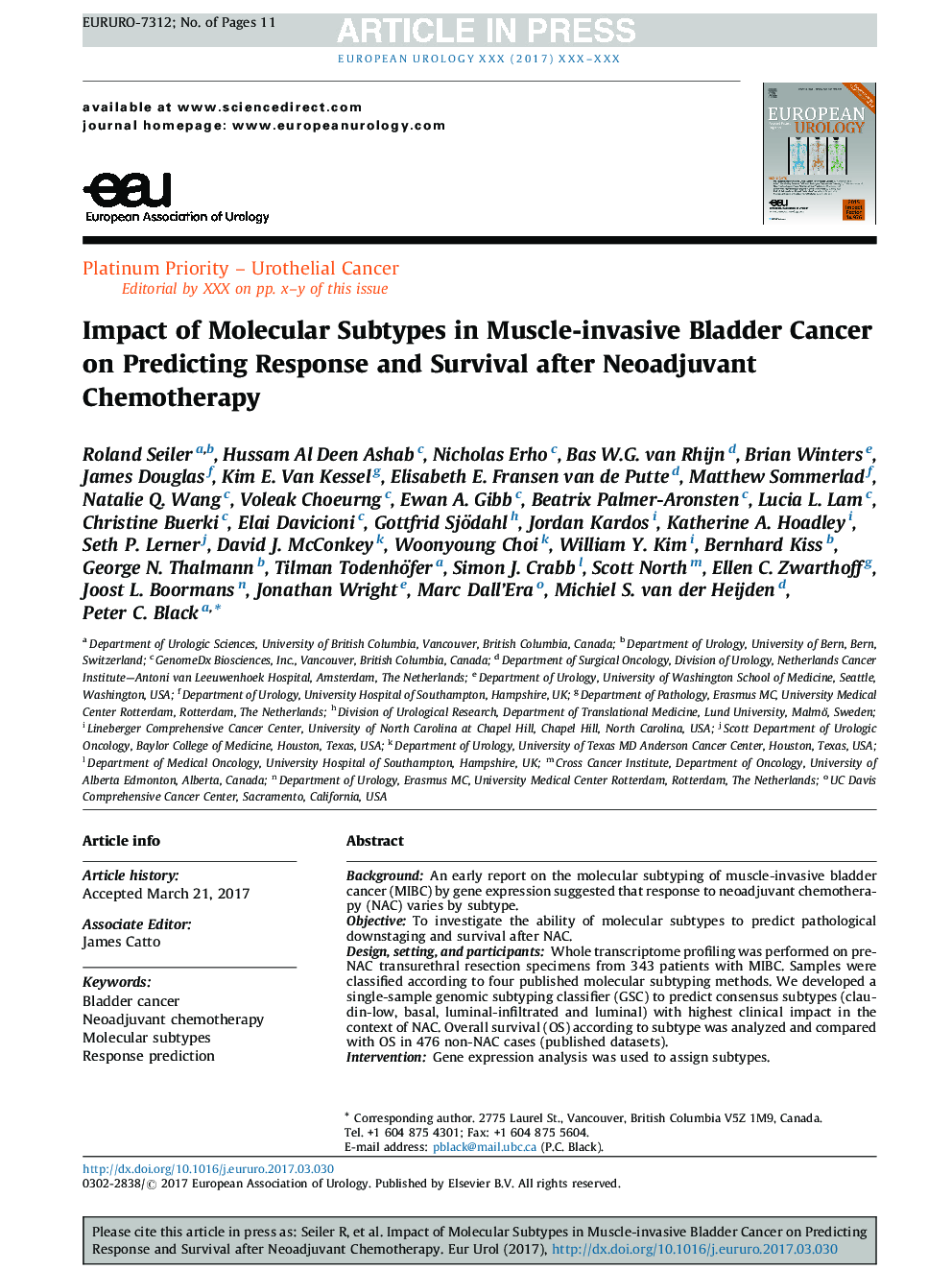 Impact of Molecular Subtypes in Muscle-invasive Bladder Cancer on Predicting Response and Survival after Neoadjuvant Chemotherapy