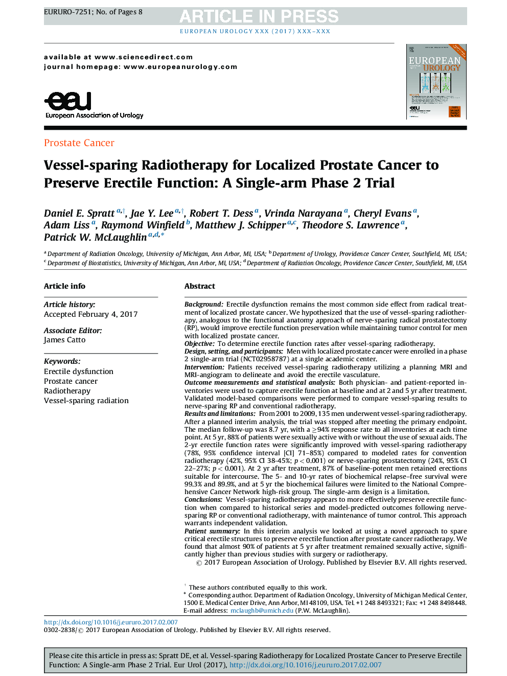 Vessel-sparing Radiotherapy for Localized Prostate Cancer to Preserve Erectile Function: A Single-arm Phase 2 Trial