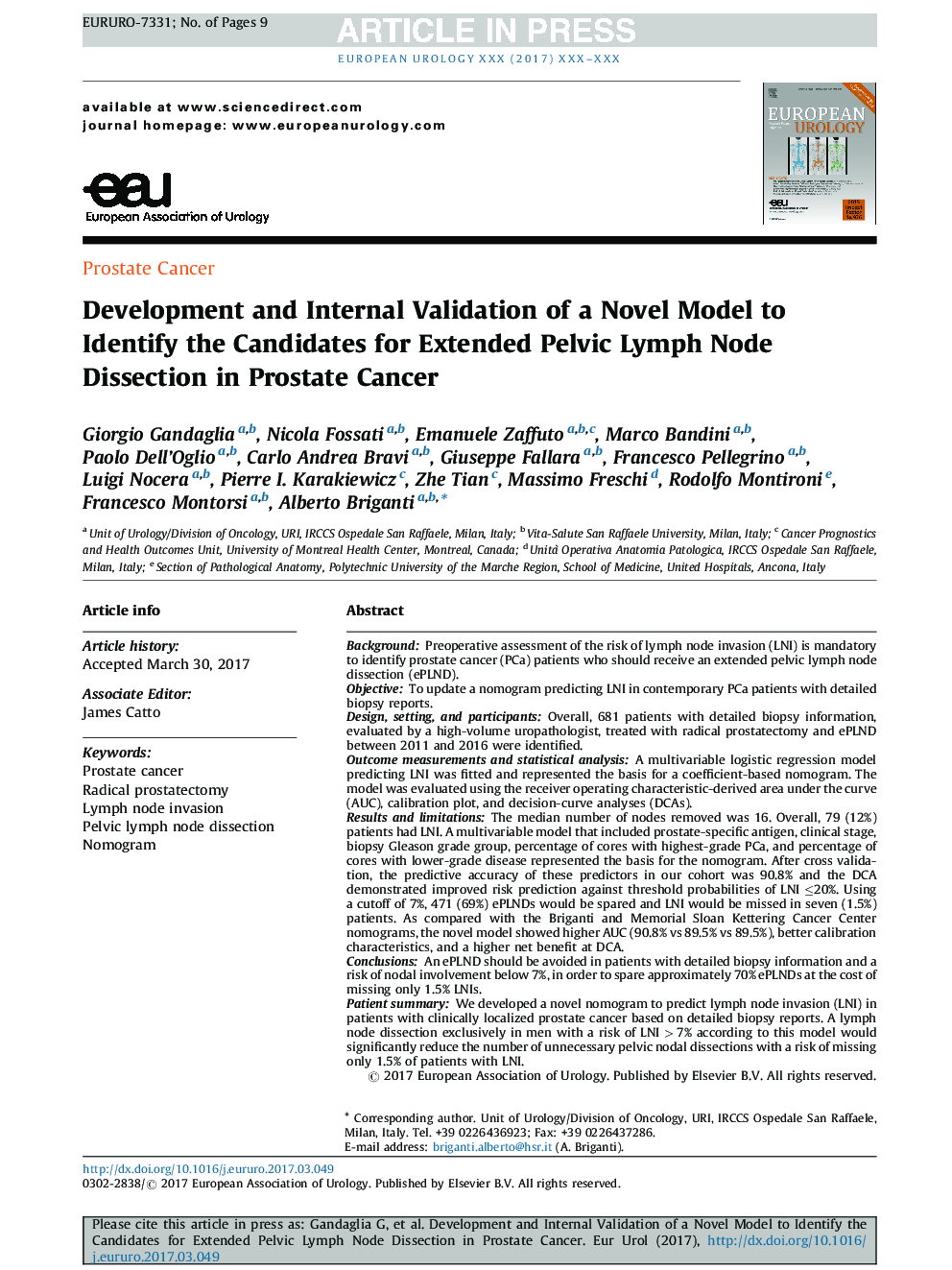 Development and Internal Validation of a Novel Model to Identify the Candidates for Extended Pelvic Lymph Node Dissection in Prostate Cancer