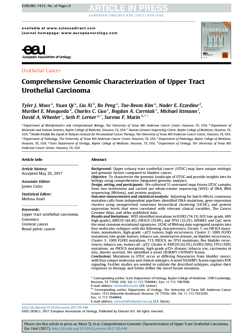 Comprehensive Genomic Characterization of Upper Tract Urothelial Carcinoma