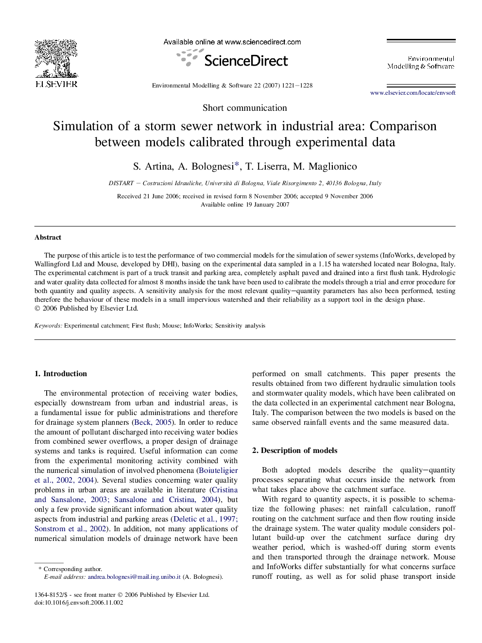 Simulation of a storm sewer network in industrial area: Comparison between models calibrated through experimental data