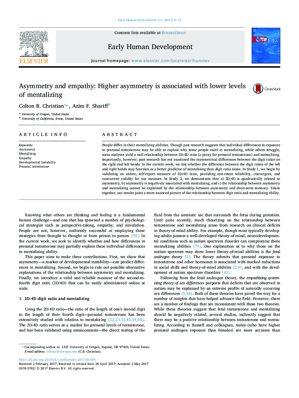 Asymmetry and empathy: Higher asymmetry is associated with lower levels of mentalizing