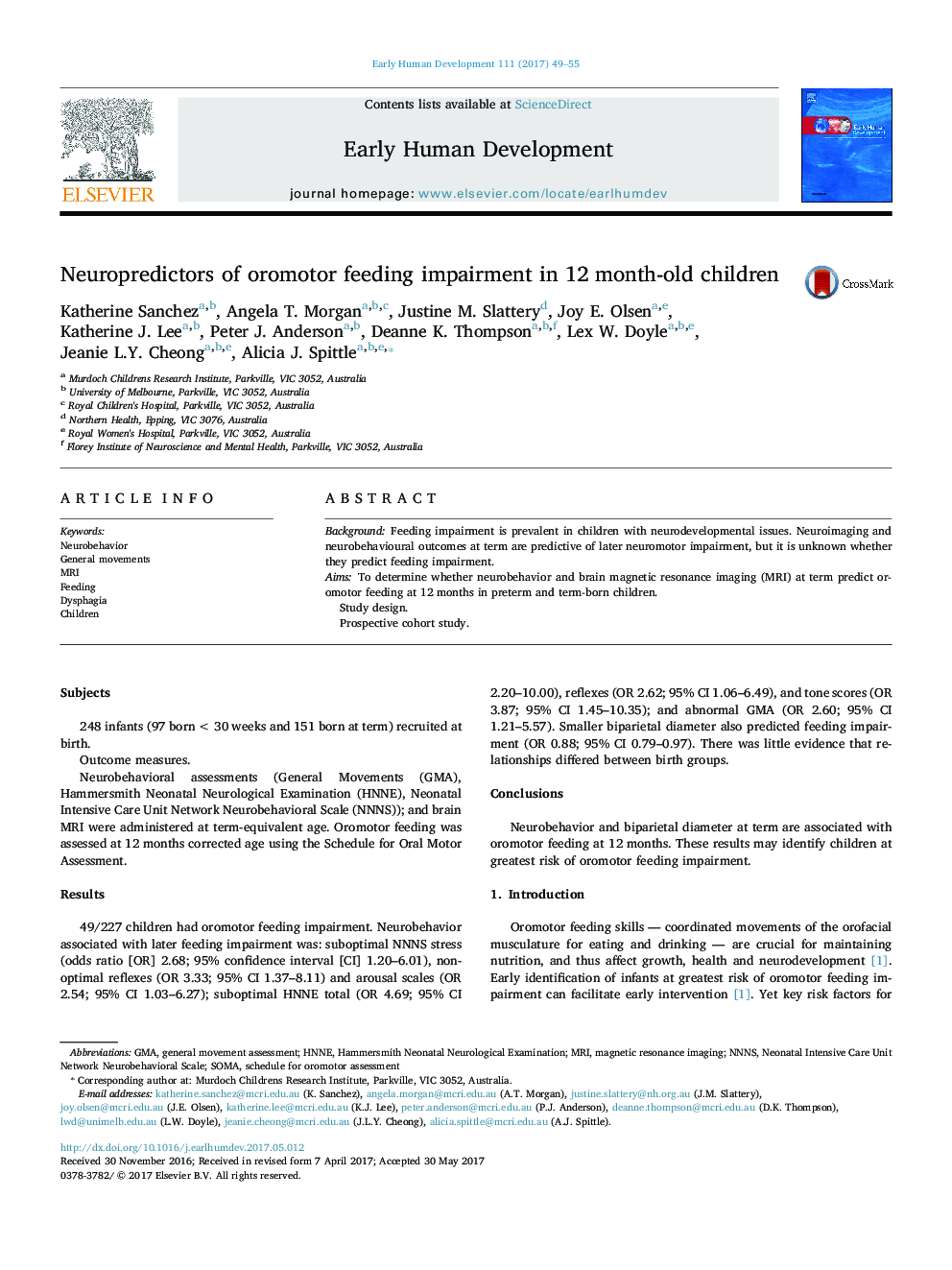 Neuropredictors of oromotor feeding impairment in 12Â month-old children