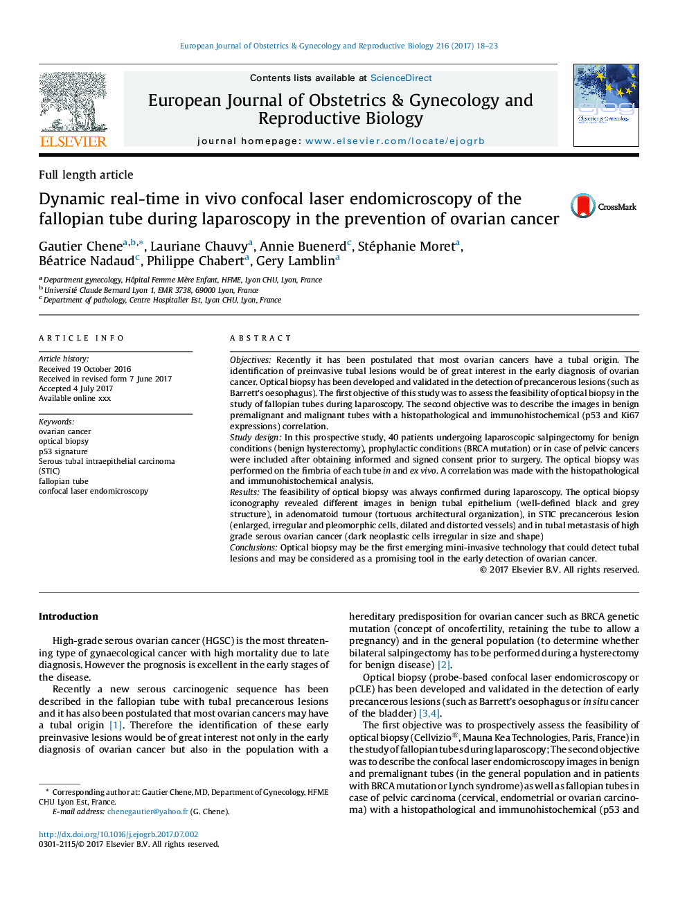 Dynamic real-time in vivo confocal laser endomicroscopy of the fallopian tube during laparoscopy in the prevention of ovarian cancer