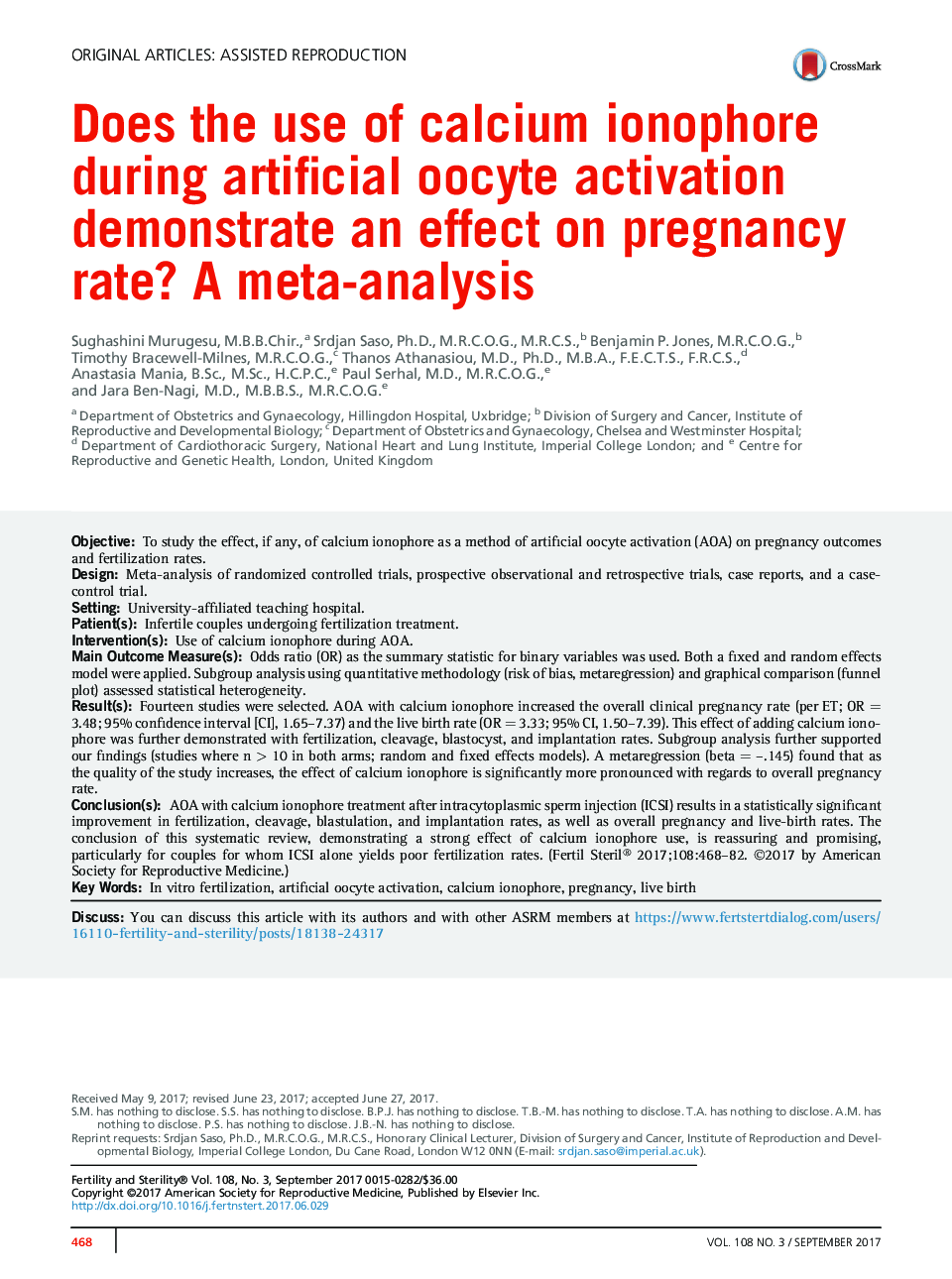 آیا استفاده از یونوفور کلسیم در طی فعال سازی اواسیت مصنوعی بر میزان بارداری تأثیر می گذارد؟ یک متا آنالیز 