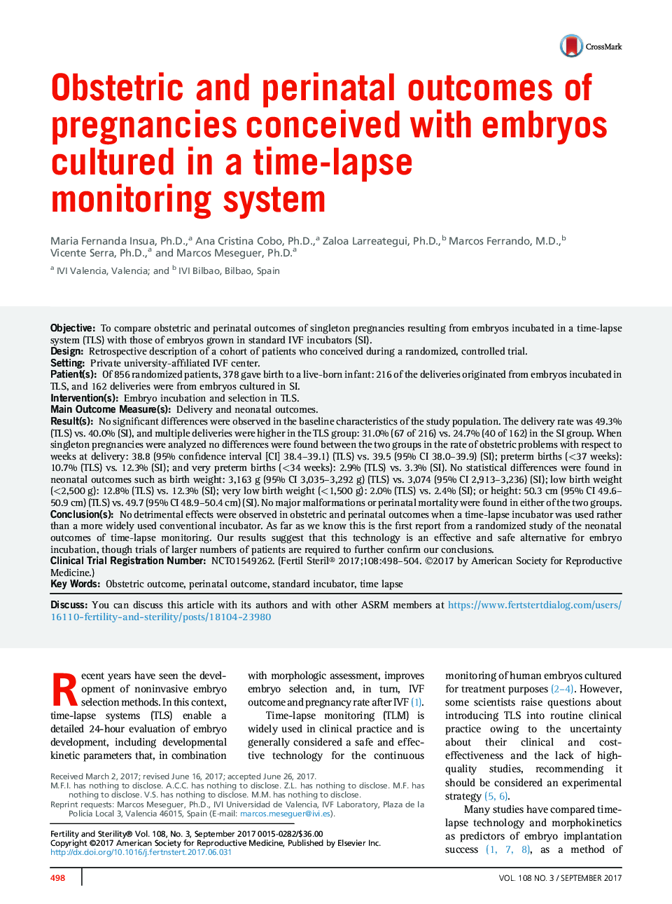 Obstetric and perinatal outcomes of pregnancies conceived with embryos cultured in a time-lapse monitoring system