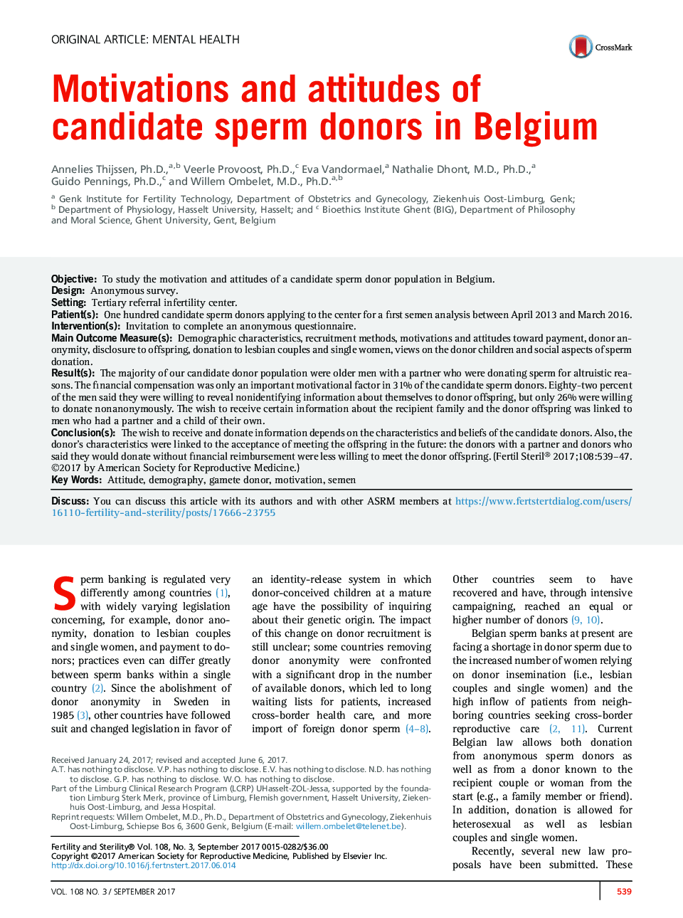 انگیزه ها و نگرش اهداکنندگان اسپرم کاندید در بلژیک 