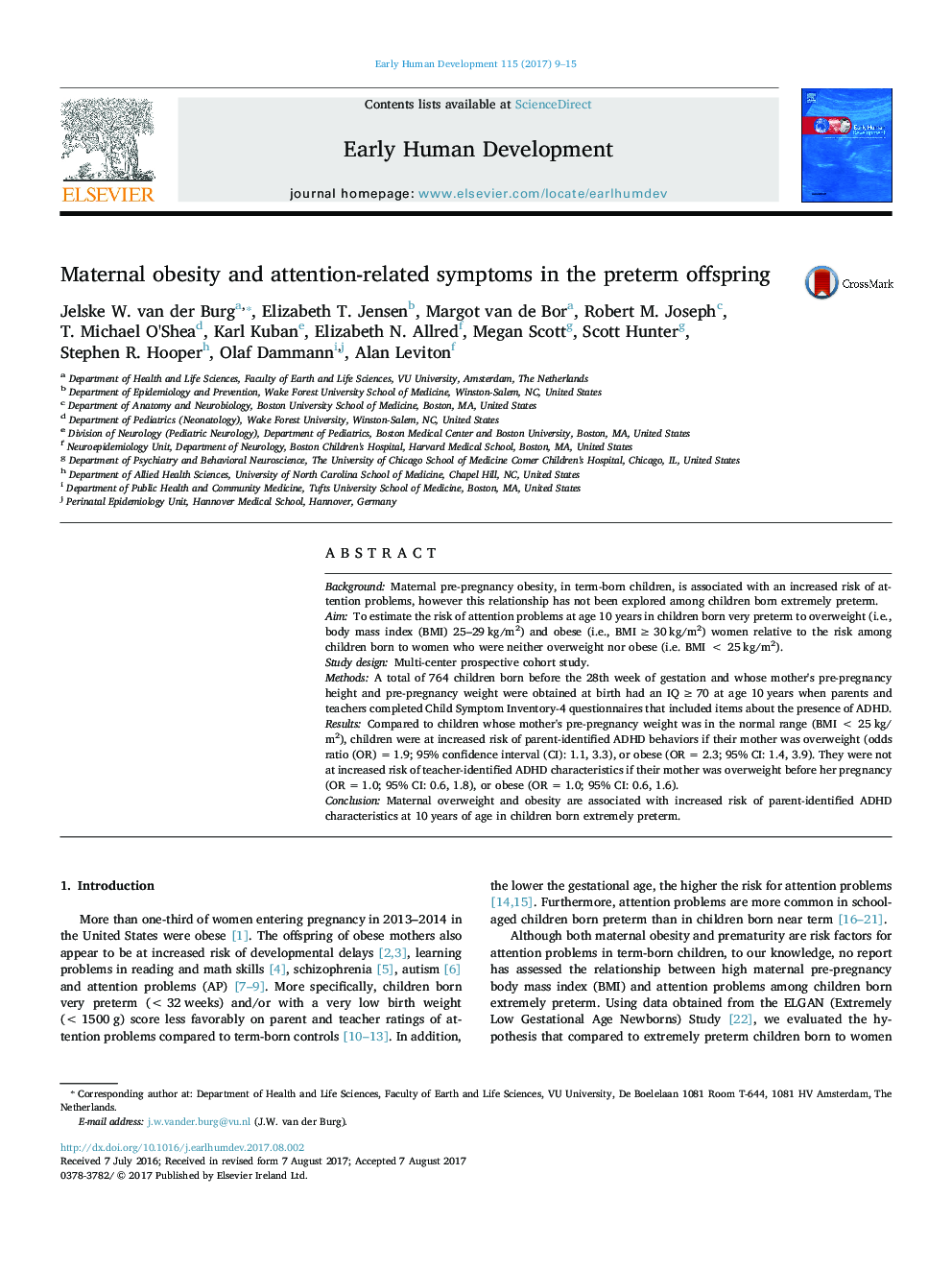 Maternal obesity and attention-related symptoms in the preterm offspring